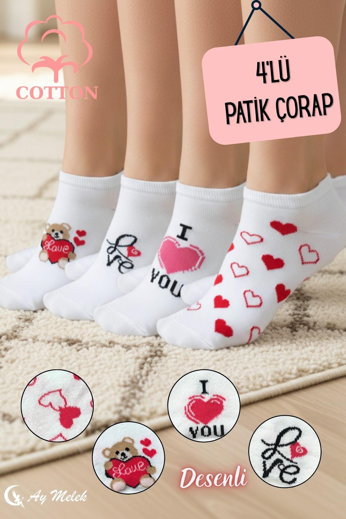 Kadın Kısa Çorap 4 Çift Pamuklu Desenli Görünmez Sneakers Çorap