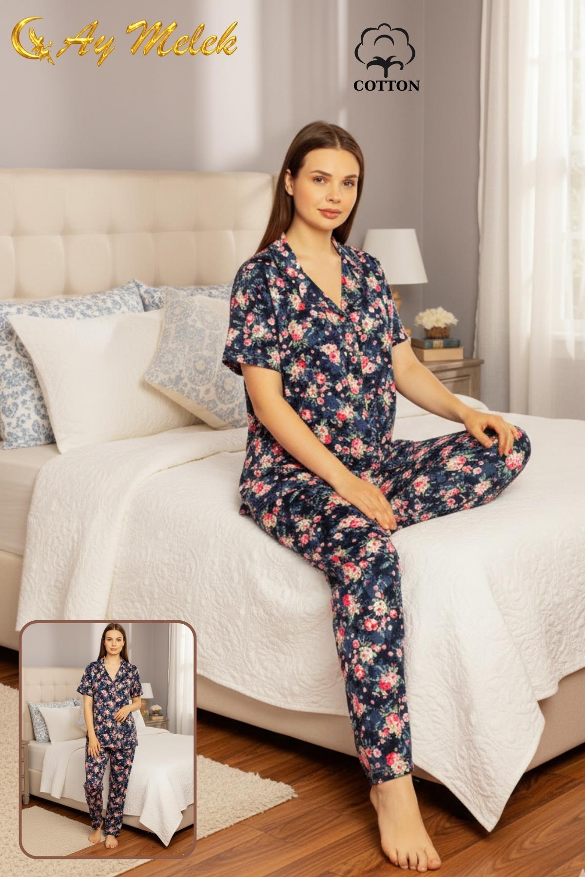 Kadın Pijama Takımı %100 Pamuklu Gömlek ve Pijama Seti