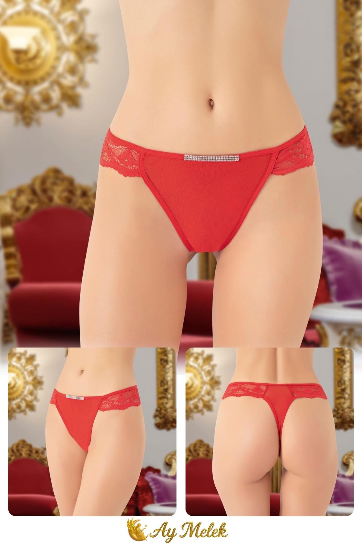 Kadın Taş Detay Esnek Tül Dantel String Fantazi İç Giyim Külot