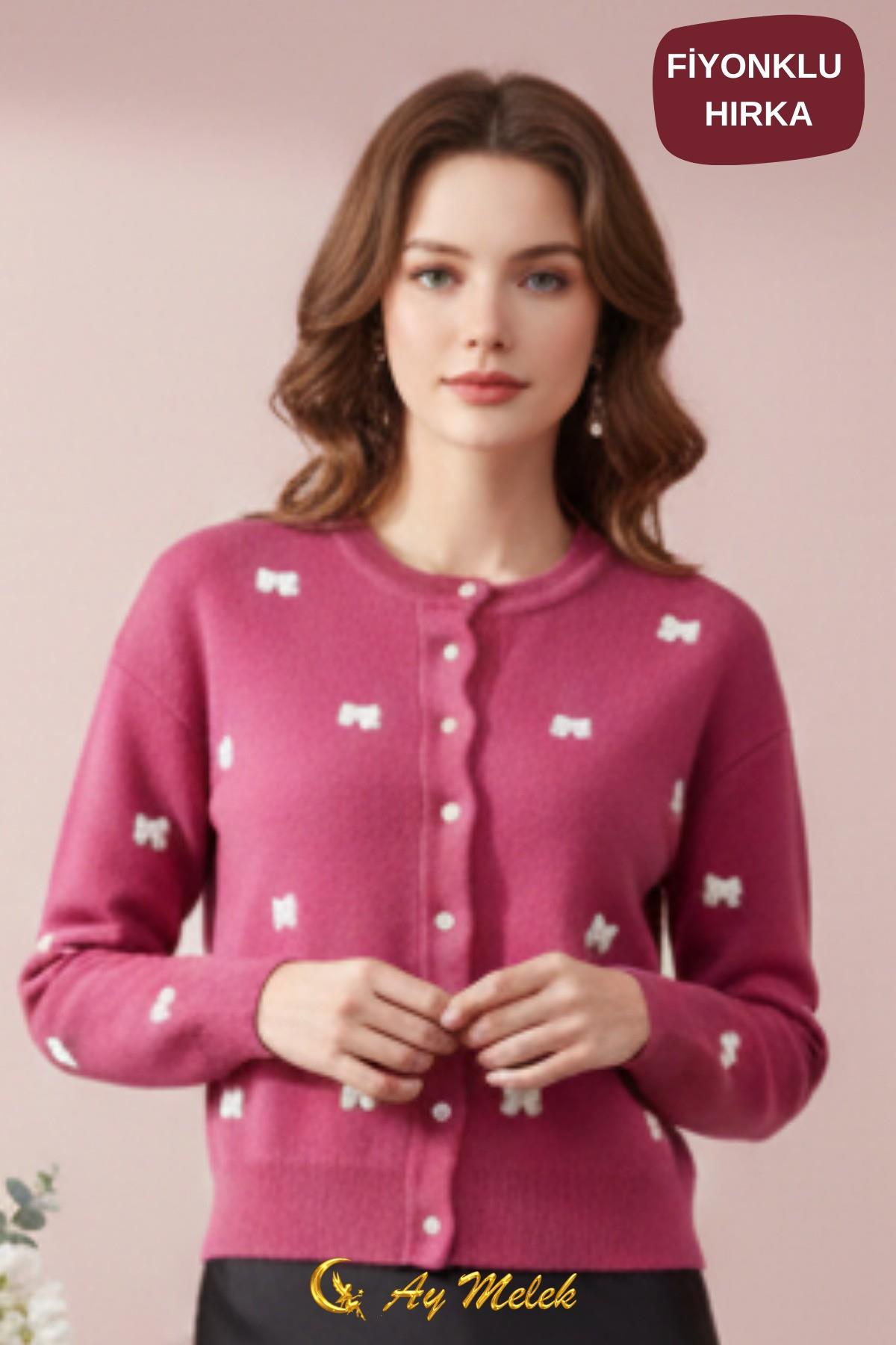 Kadın Triko Hırka Düğmeli Bisiklet Yaka Kısa Fiyonk Detaylı Hırka