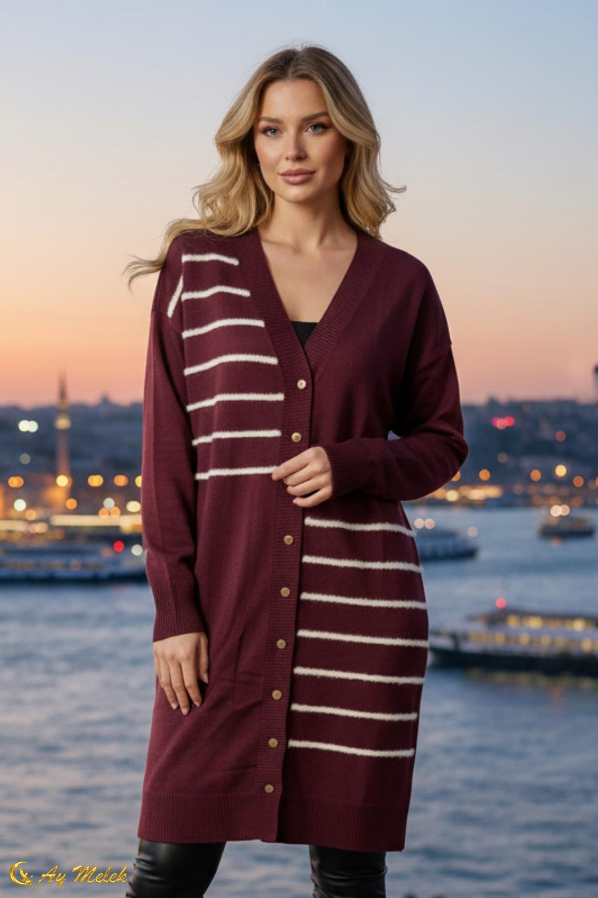 Kadın Triko Hırka Uzun Düğmeli Çizgi Desenli Merserize Hırka