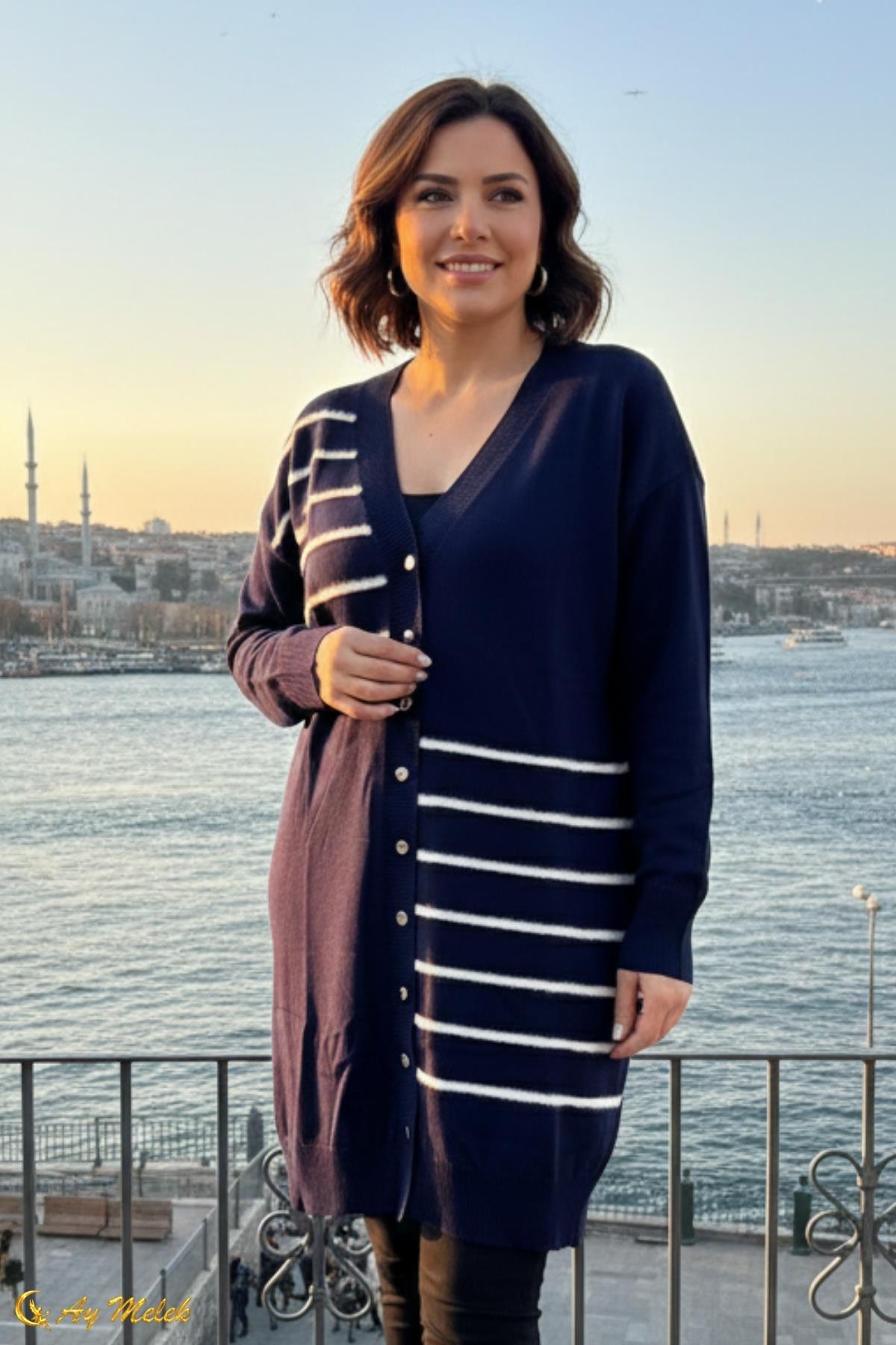 Kadın Triko Hırka Uzun Düğmeli Çizgi Desenli Merserize Hırka