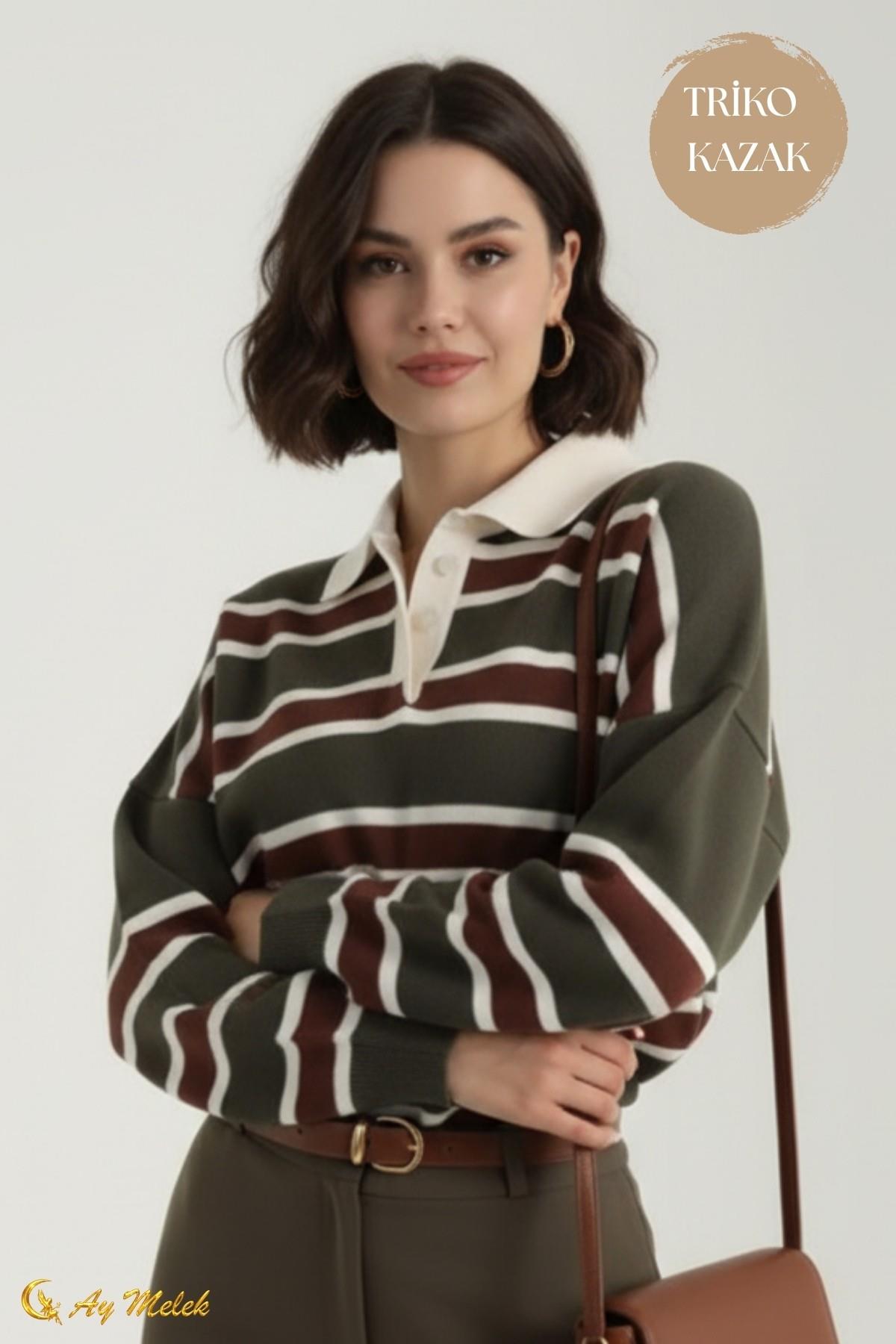 Kadın Triko Kazak Polo Yaka Çizgili Kısa Mevsimlik Kazak