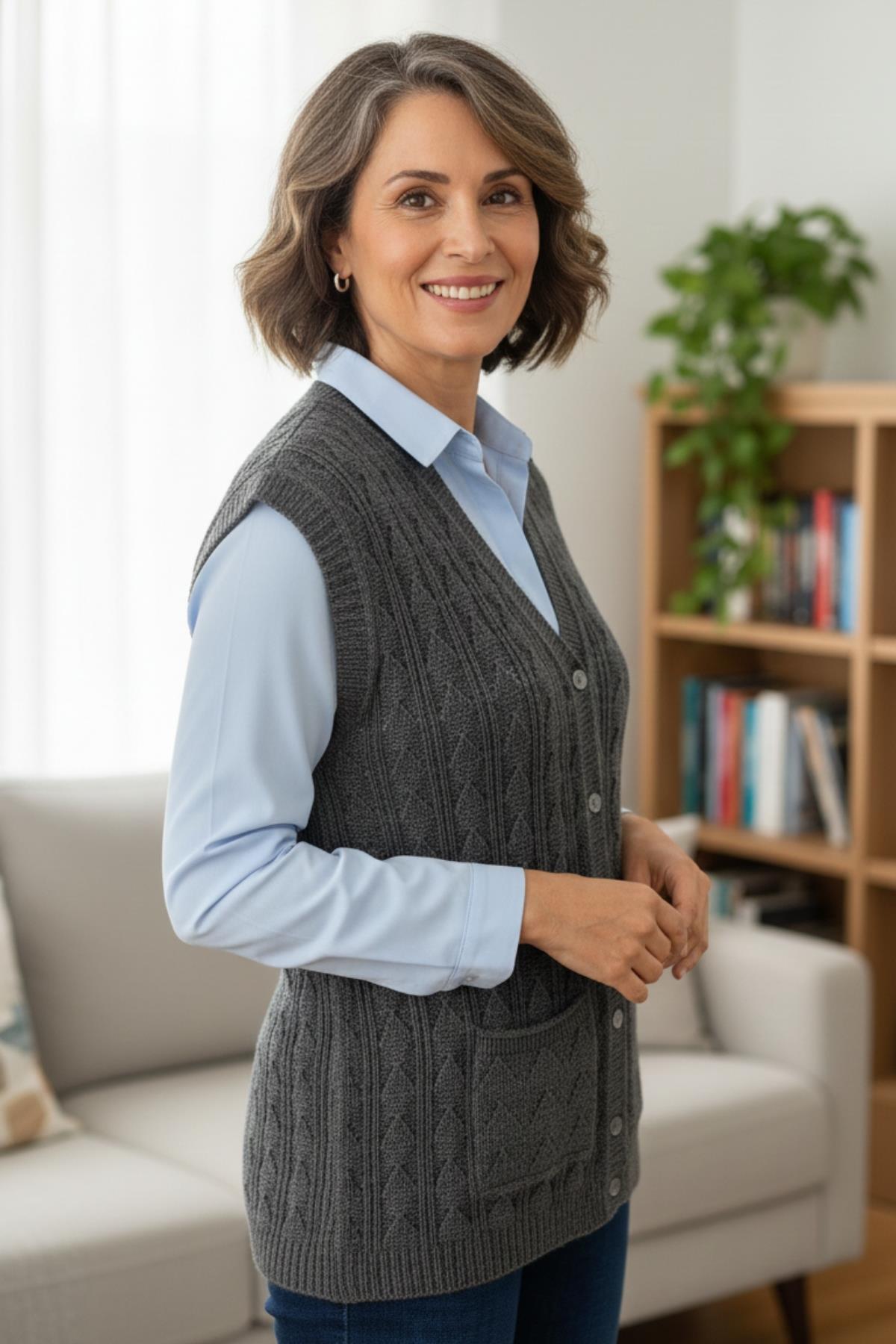 Kadın Triko Kışlık Düğmeli Anne Yeleği