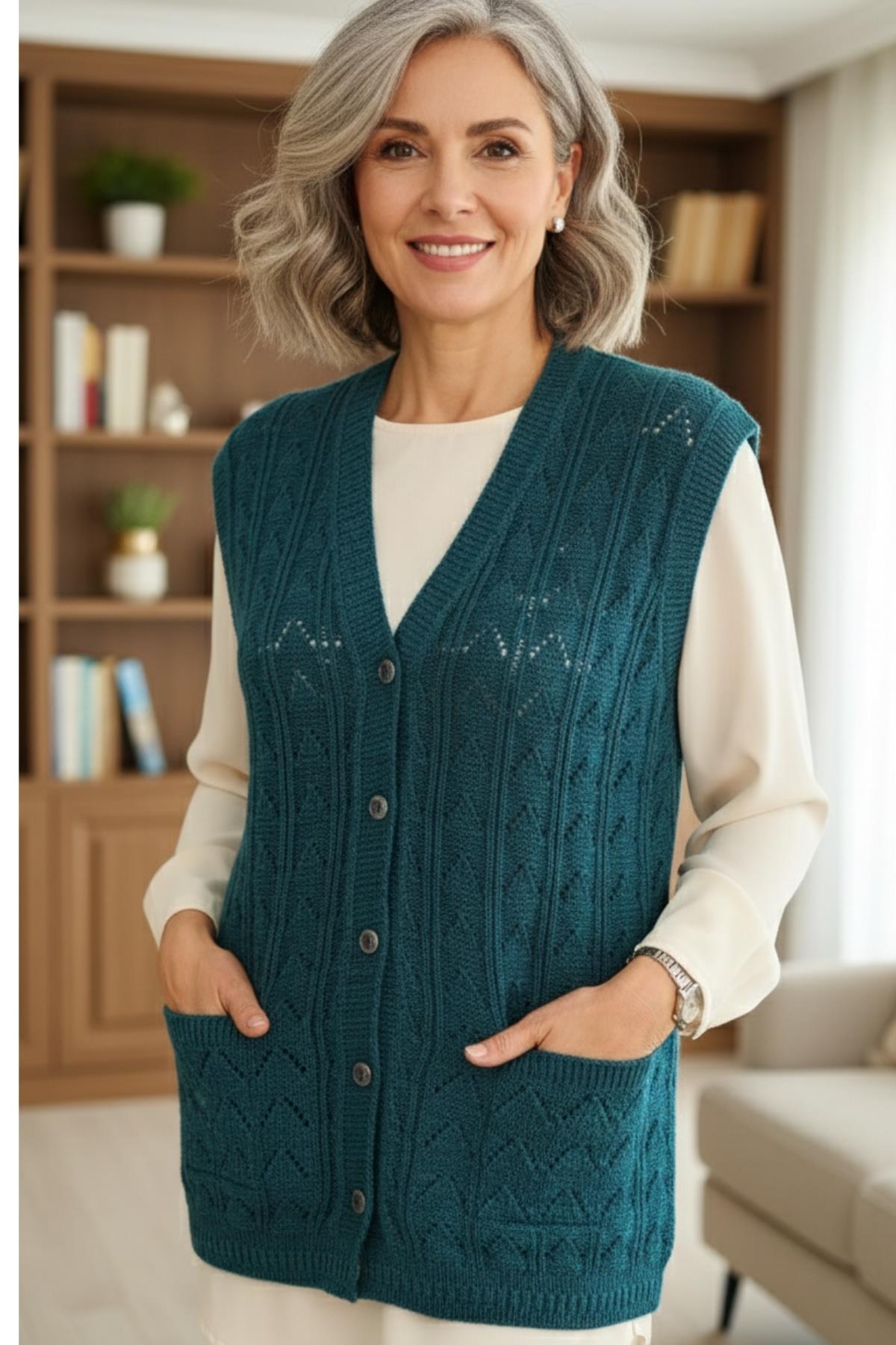 Kadın Triko Kışlık Düğmeli Anne Yeleği