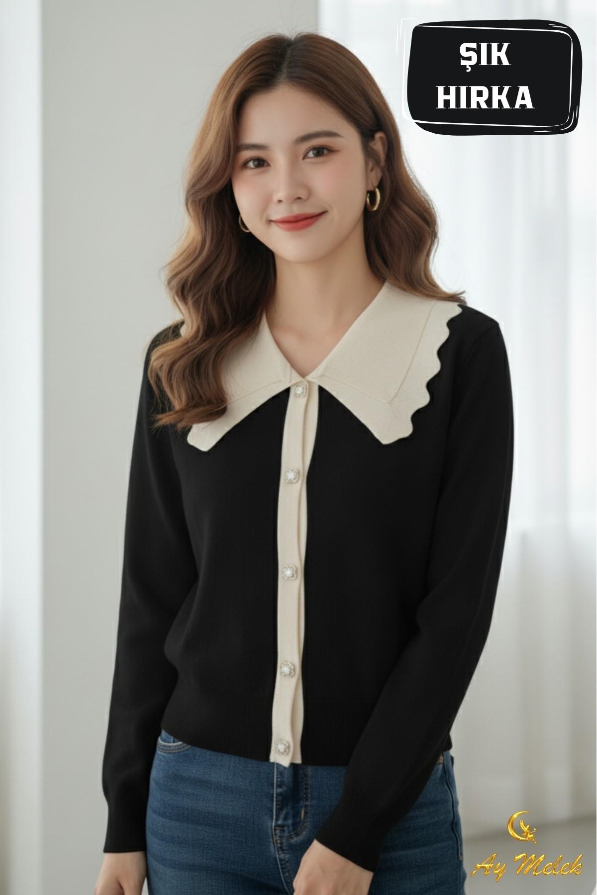 Kadın Triko Polo Yaka Düğmeli Fitilli Hırka