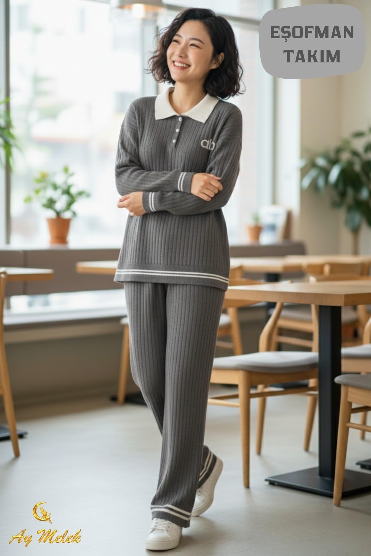 Kadın Triko Takım Düğmeli Çizgi Detaylı Fitilli Polo Yaka Takım