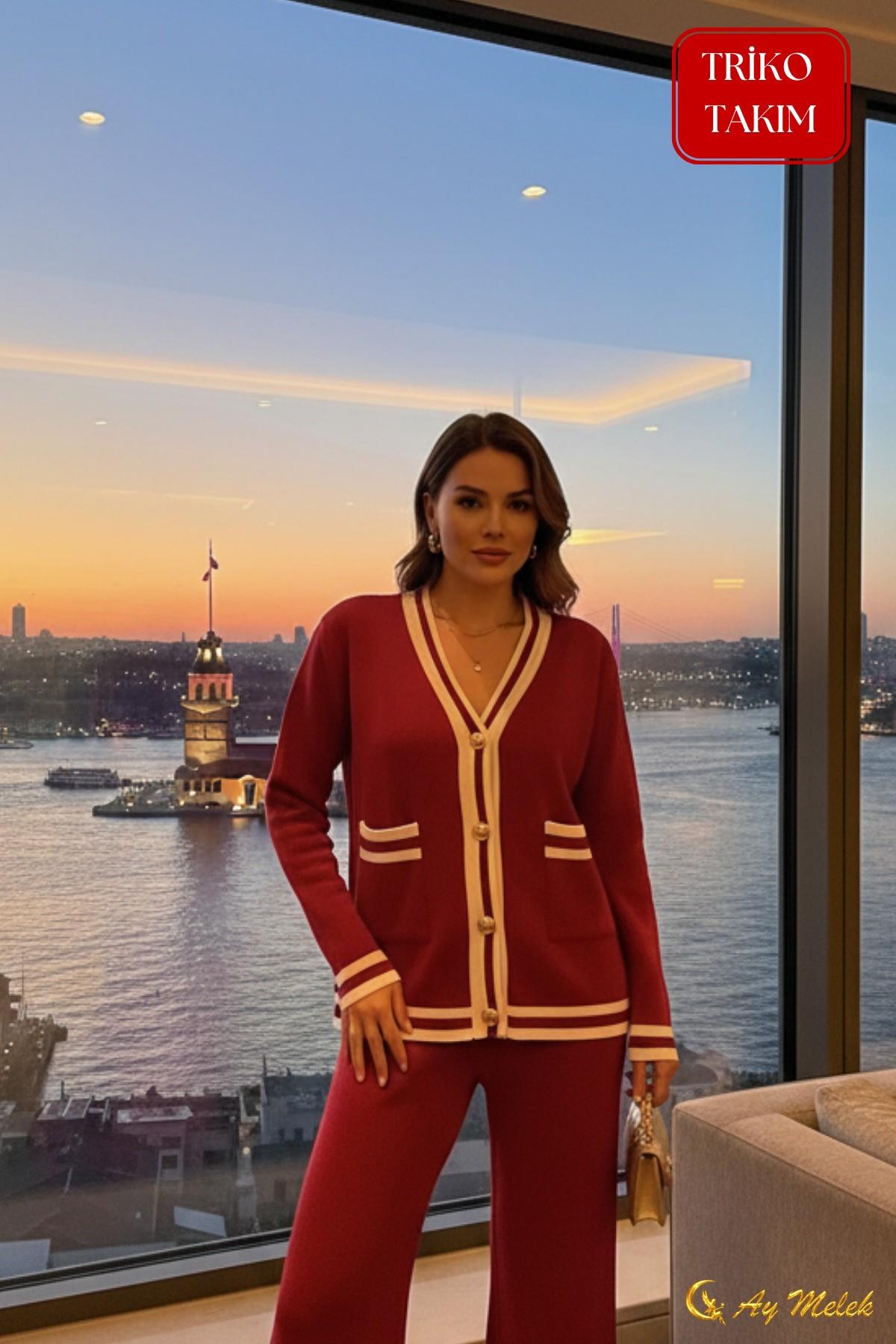 Kadın Triko Takım Şerit Detaylı Düğmeli Hırka ve Pantolon Alt Üst Takım