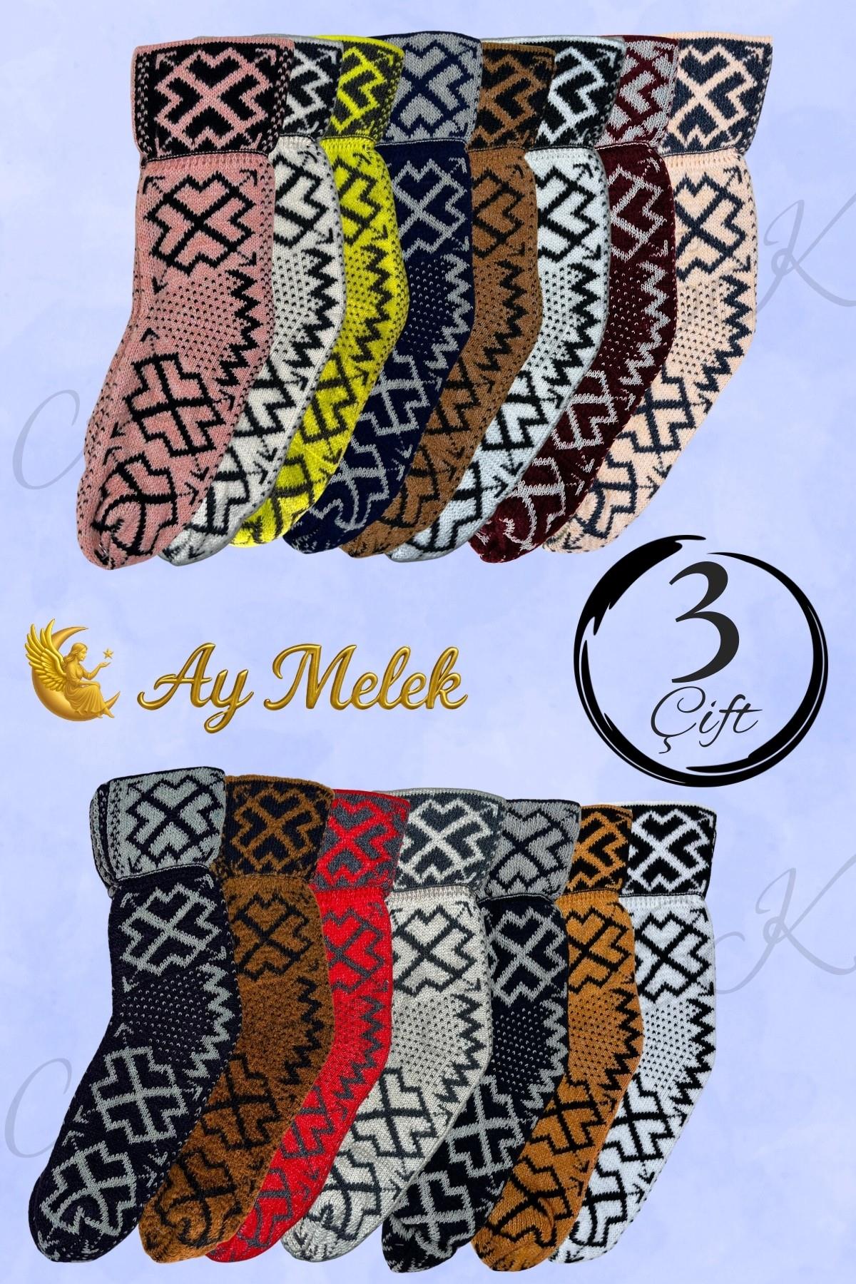 Kadın Yün Çorap (3 Çift) Doğal Lambswool Yünlü Özbek - Türkmen Yün Çorap