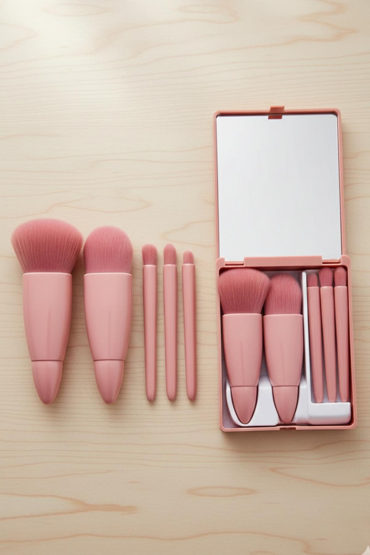 Taşınabilir Aynalı (5'li) Makyaj Fırça Seti Fondöten Göz Farı Allık Karıştırma Makyaj Fırçaları