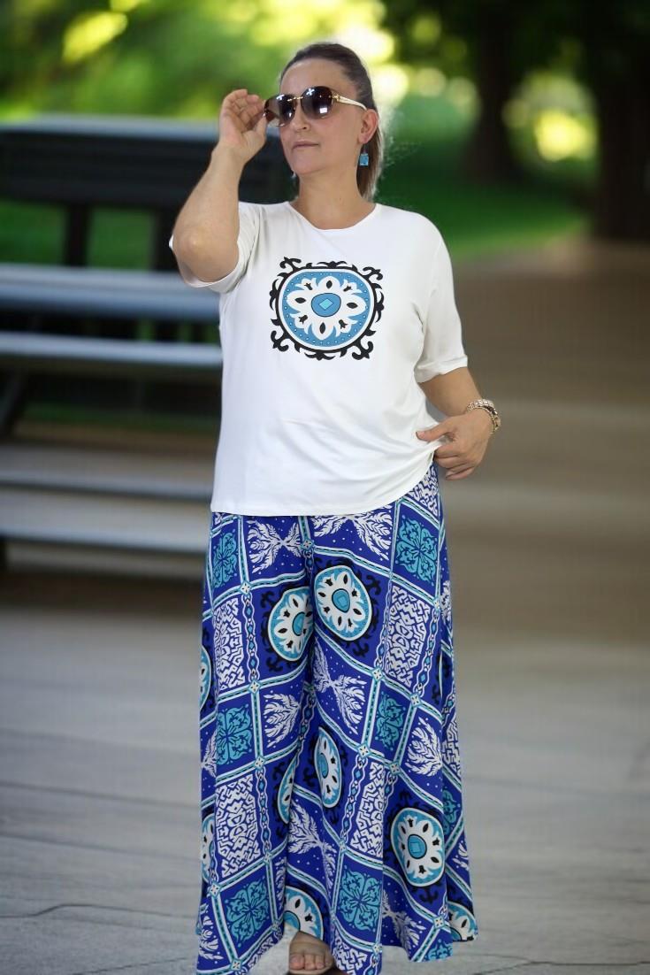 BELİ LASTİKLİ GENİŞ KESİM PAMUKLU VİSKON PANTOLON ETEK PENYE BLUZ İKİLİ TAKIM