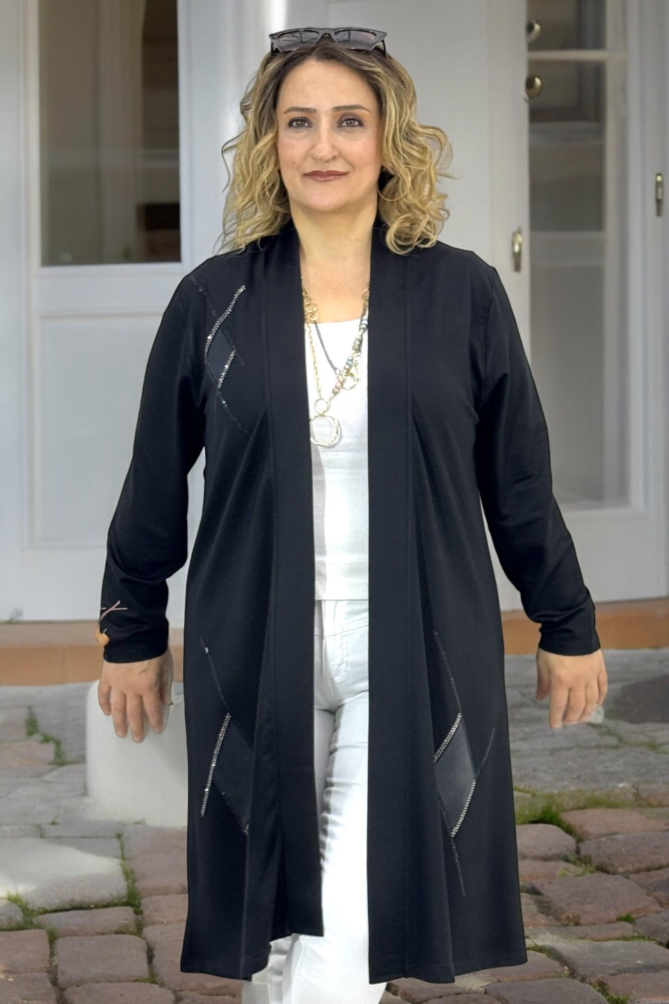 TAŞ İŞLEMELİ DERİ GARNİLİ ŞAL YAKA BÜYÜK BEDEN 3 İPLİK  KAP CEKET