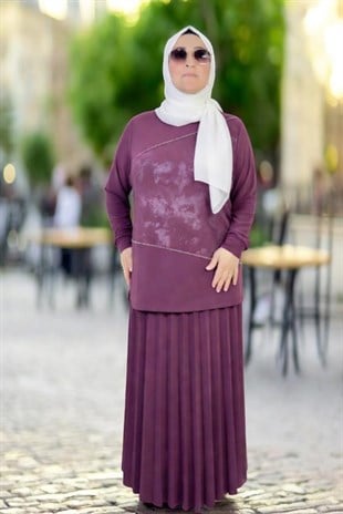 BELİ LASTİKLİ PLİSELİ ETEK TAŞ İŞLEMELİ BİSİKLET YAKA BLUZ BÜYÜK BEDEN ÖRME KREP İKİLİ TAKIM