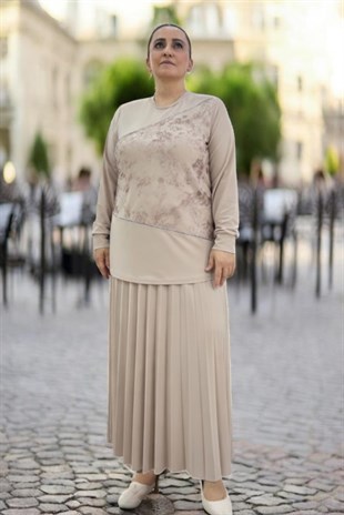 BELİ LASTİKLİ PLİSELİ ETEK TAŞ İŞLEMELİ BİSİKLET YAKA BLUZ BÜYÜK BEDEN ÖRME KREP İKİLİ TAKIM