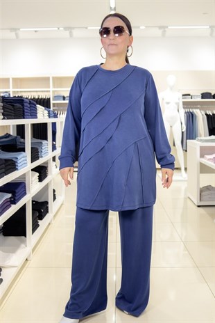 MANŞET KOL BİSİKLET YAKA GENİŞ KESİM BLUZ BELİ LASTİKLİ CEPLİ GENİŞ KESİM PANTOLON TENSEL TAKIM