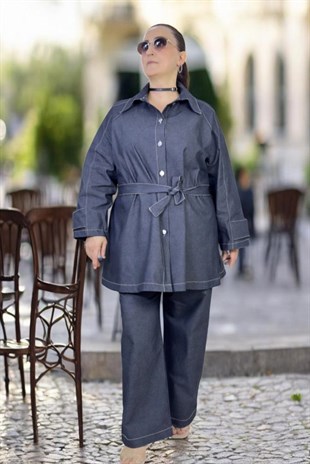 ÖNDEN DÜĞMELİ REGLAN KOL ÇAN KESİM CEKET BELİ LASTİKLİ PANTOLON BÜYÜK BEDEN KOT TAKIM
