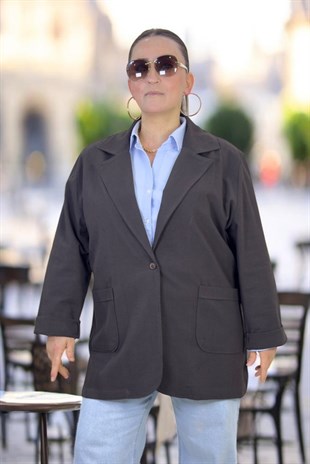 TEK DÜĞME KAPAMA TORBA CEP HAM KETEN GENİŞ KESİM BATTAL BÜYÜK BEDEN BLAZER CEKET