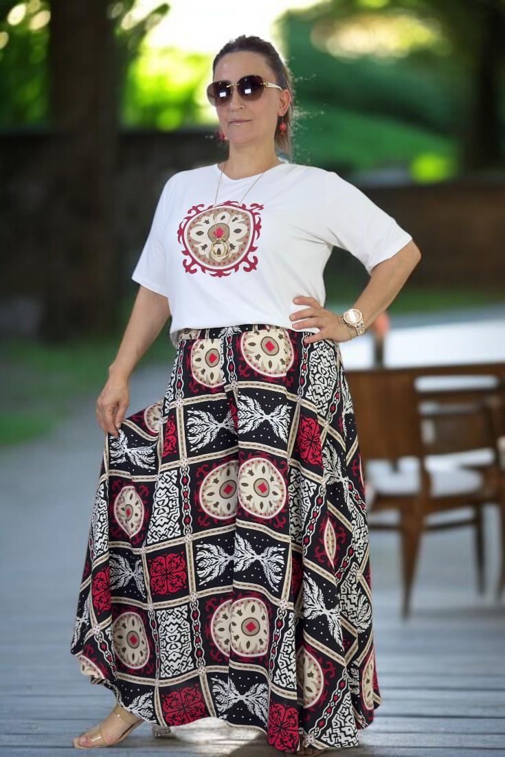 BELİ LASTİKLİ GENİŞ KESİM PAMUKLU VİSKON PANTOLON ETEK PENYE BLUZ İKİLİ TAKIM