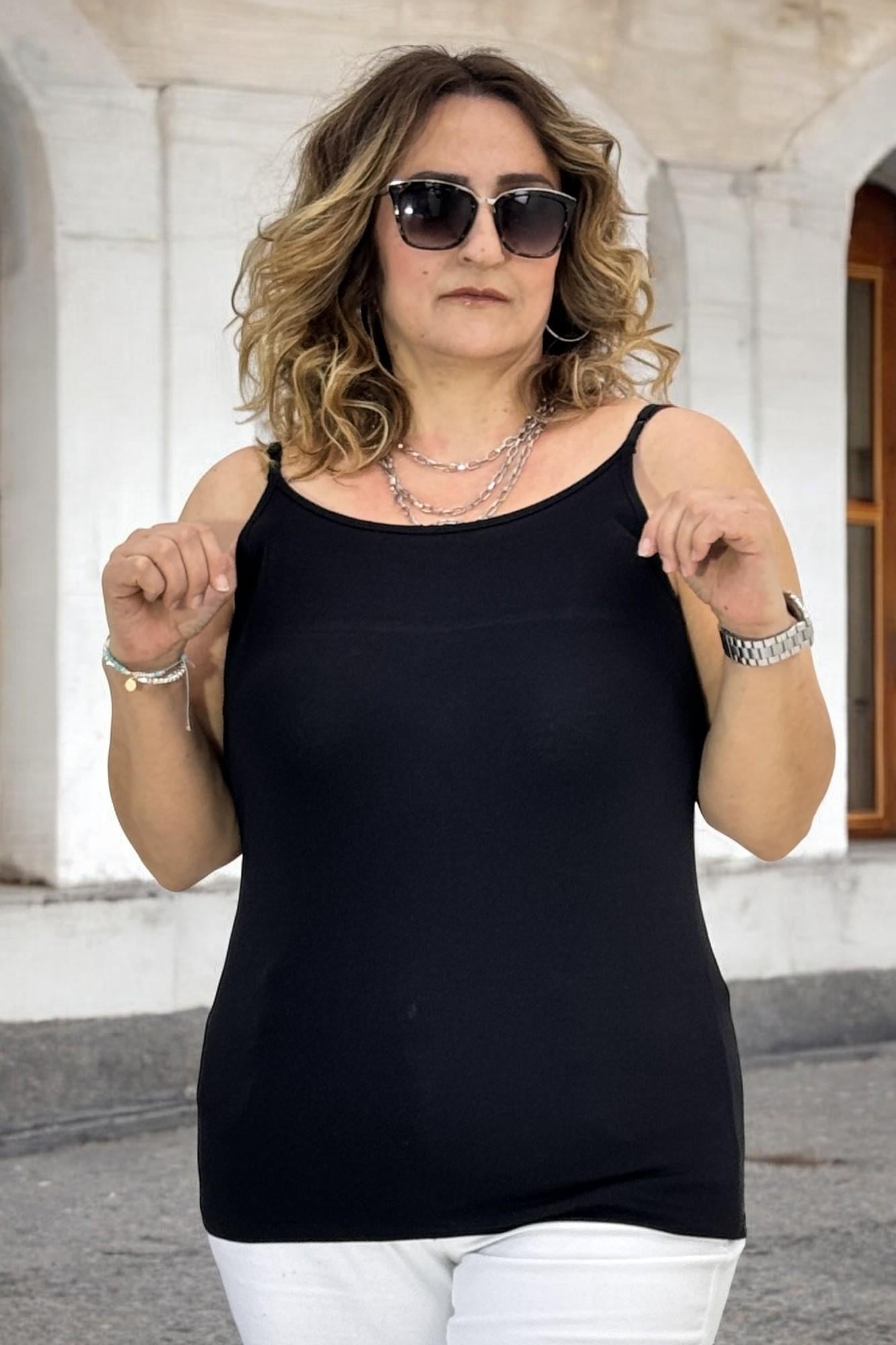 İNCE İP ASKILI KOLSUZ EKSTRA BÜYÜK BEDEN BODY BLUZ SİYAH
