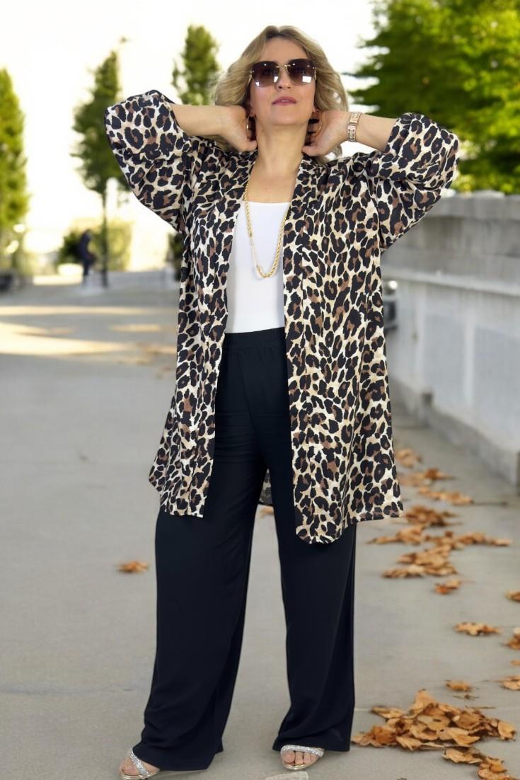 LEOPAR DESENLİ KATLANABİLİR KOL ŞAL YAKA CEKET BELİ LASTİKLİ VİSKON PANTOLON İKİLİ TAKIM