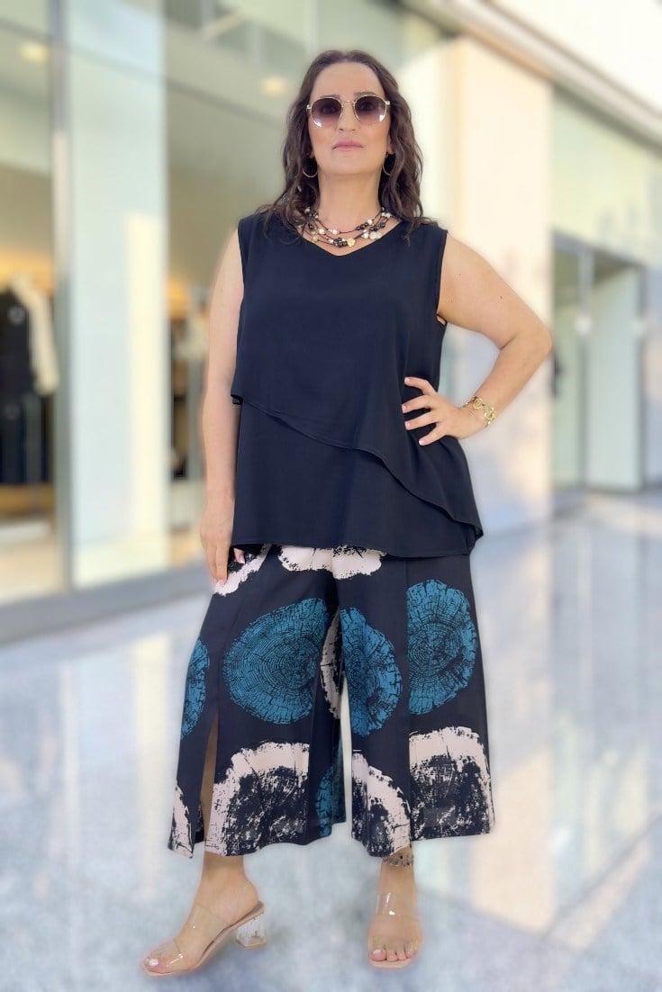 BELİ LASTİKLİ ÖNDEN YIRTMAÇLI KAPRİ PANTOLON JAPONE KOL ÇİFT KAT BLUZ BÜYÜK BEDEN İKİLİ TAKIM