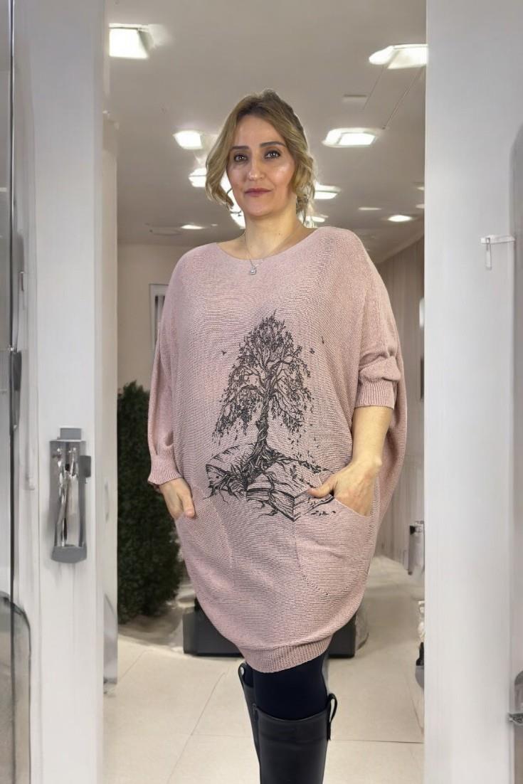 AĞAÇ DESENLİ KAYIK YAKA CEPLİ OVAL KESİM BÜYÜK BEDEN İTALYAN MERSERİZE BLUZ KAZAK