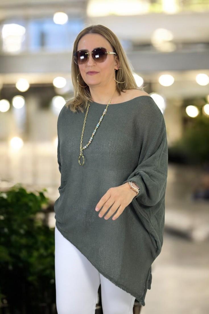 MADONNA YAKA ASİMETRİK KESİM YIRTMAÇ DETAY CEPLİ BÜYÜK BEDEN İTALYAN MERSERİZE BLUZ KAZAK