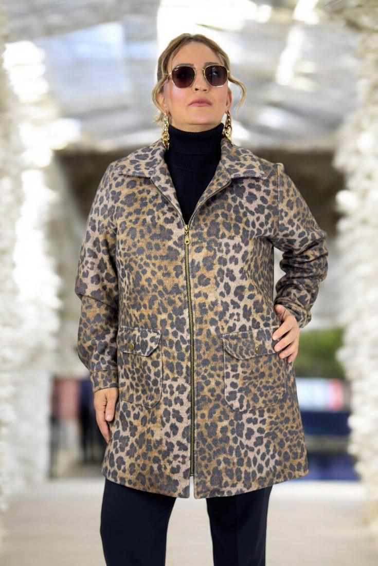 LEOPAR DESENLİ İTHAL YÜN KUMAŞ ASTARLI BÜYÜK BEDEN KAŞE CEKET