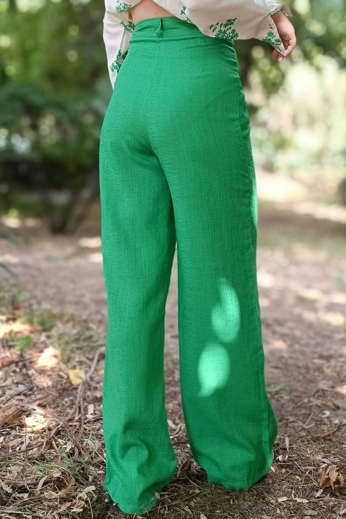 YÜKSEK BEL PİLELİ ÖN CEP DEDAY BOL PAÇA FLAMLI KETEN PANTOLON BENETTON
