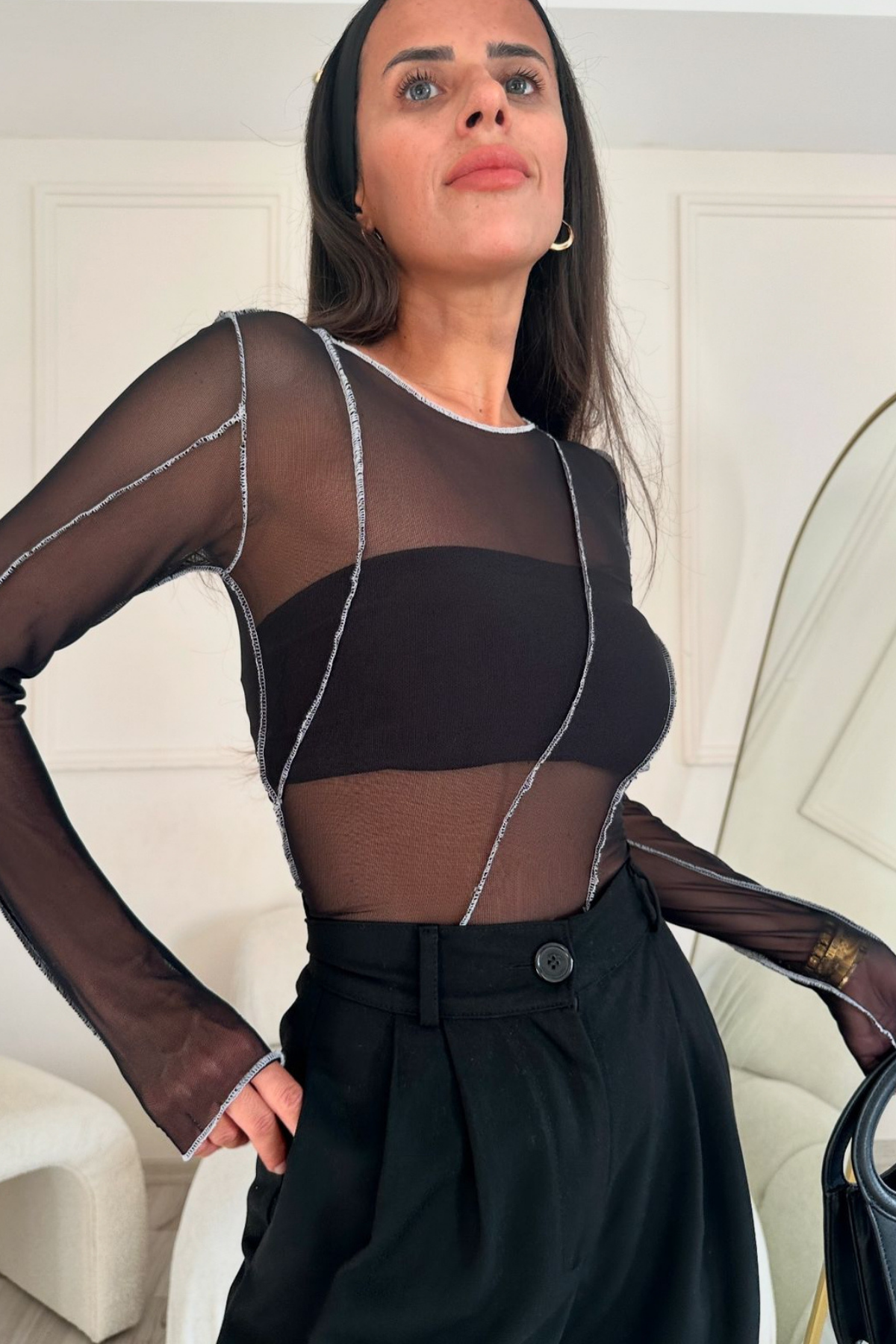 Beyaz Dikişli Tül Balıkçı Yaka Bluz