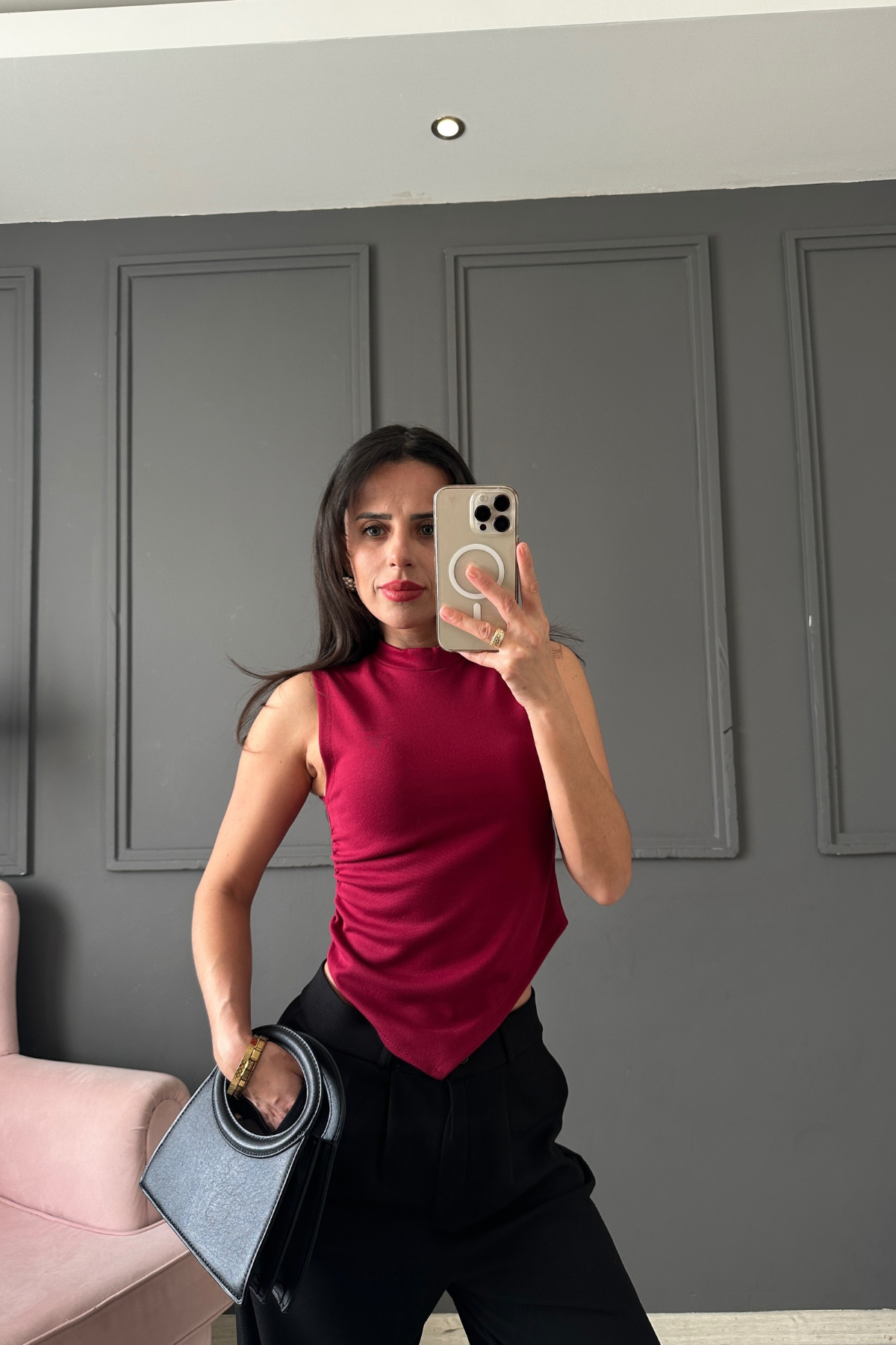 Bordo Asimetrik Kolsuz Bluz