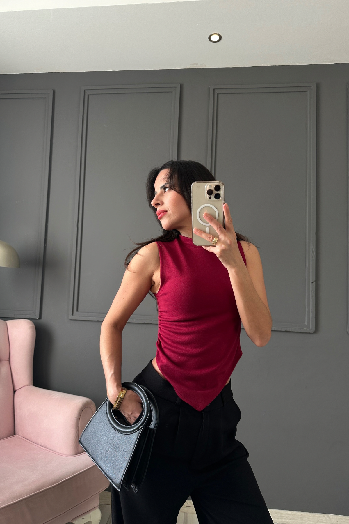 Bordo Asimetrik Kolsuz Bluz