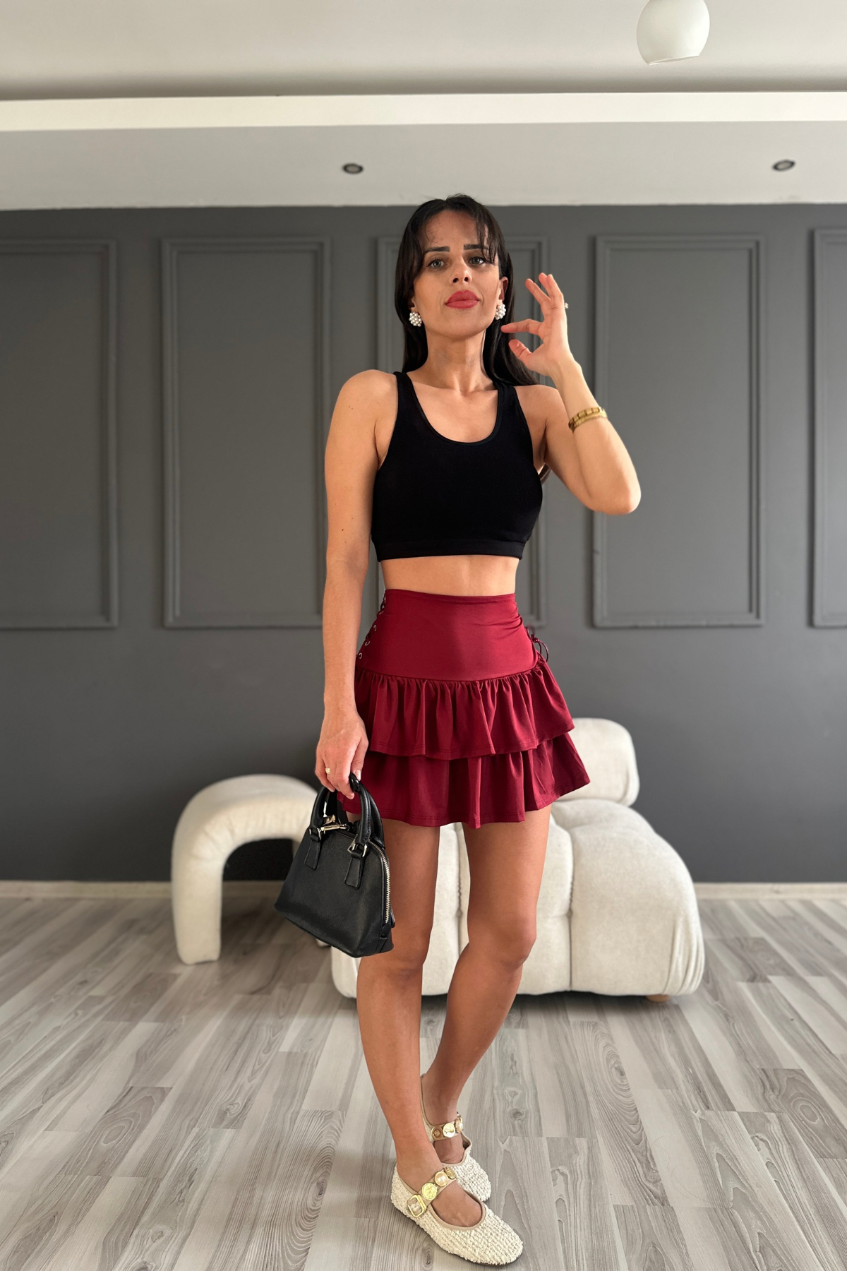Bordo Kuş Gözü Etek