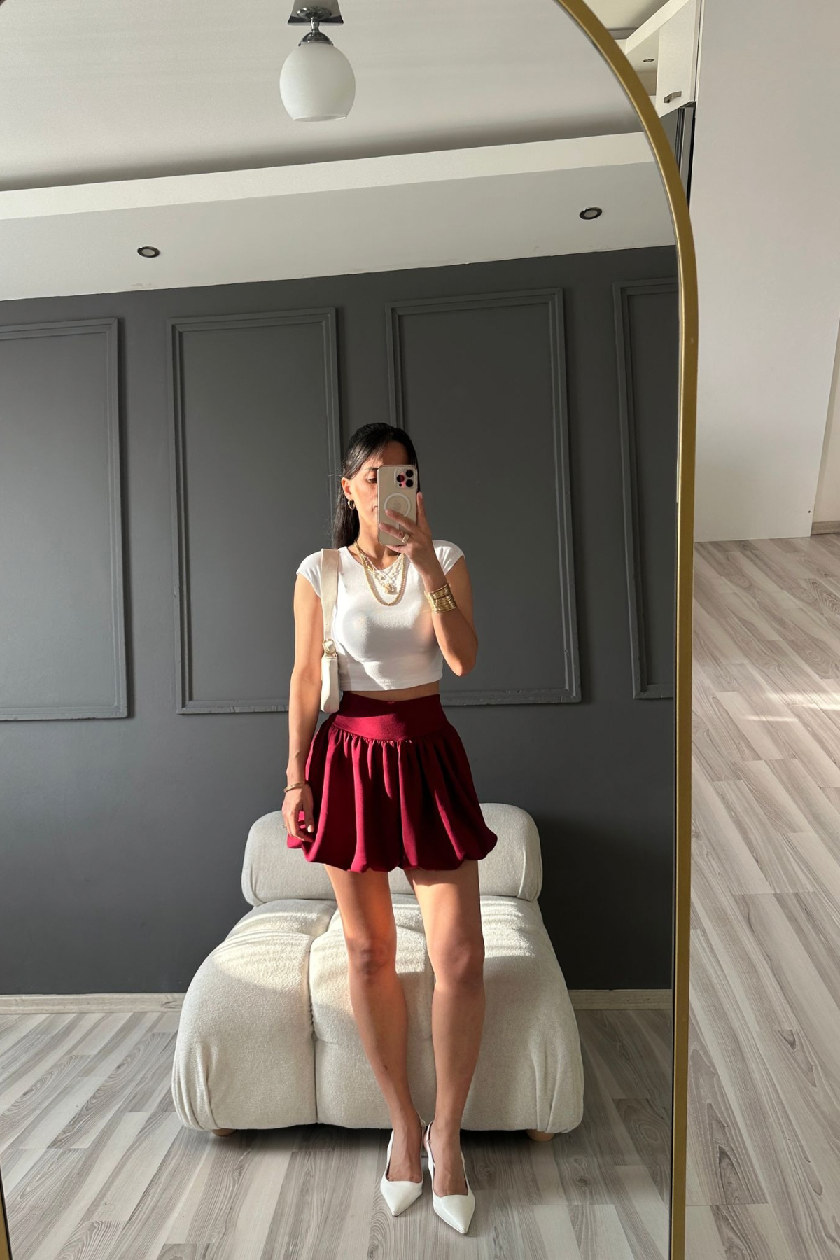 Bordo Likralı Balon Şort Etek
