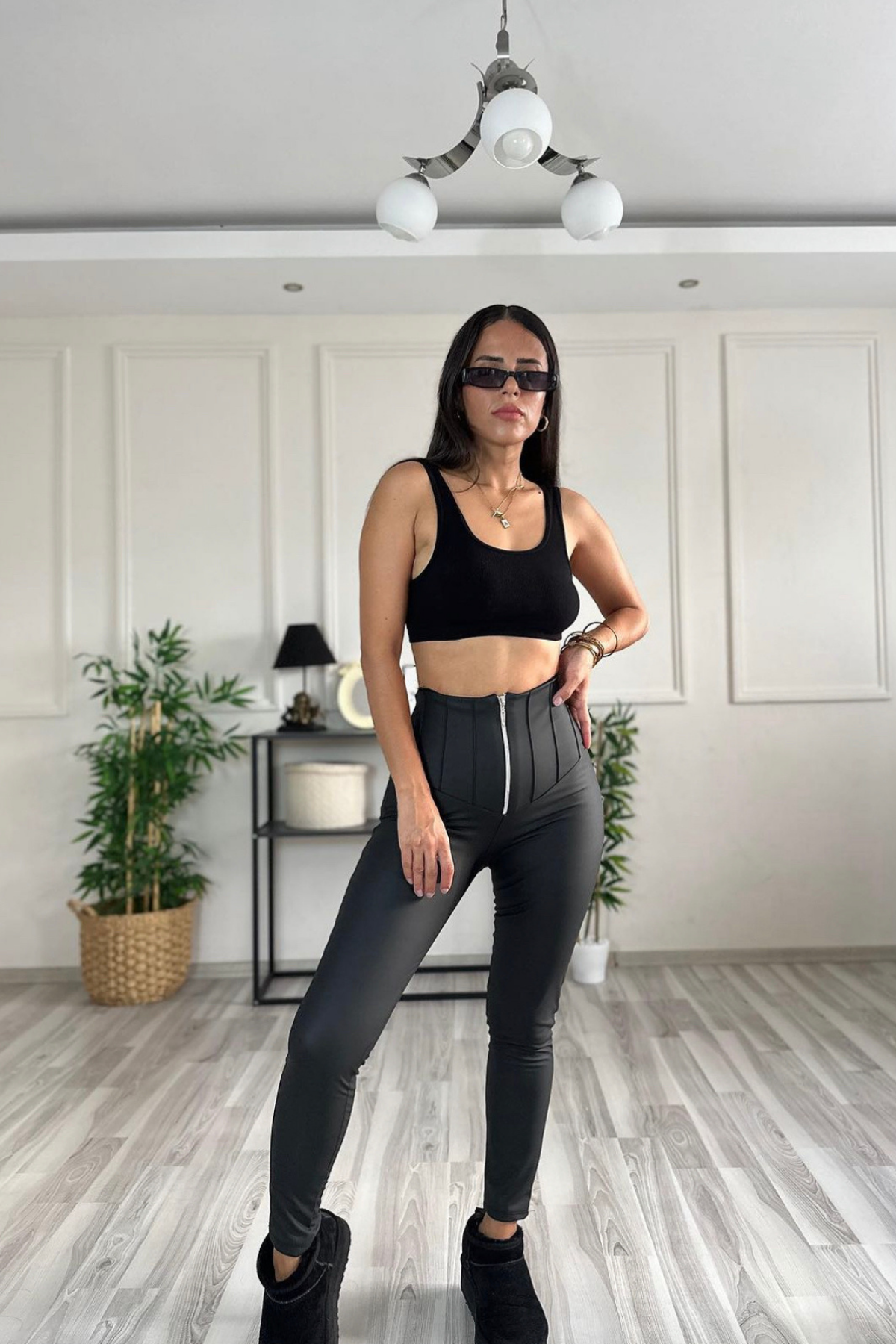 Çımalı Şardonlu Deri Tayt