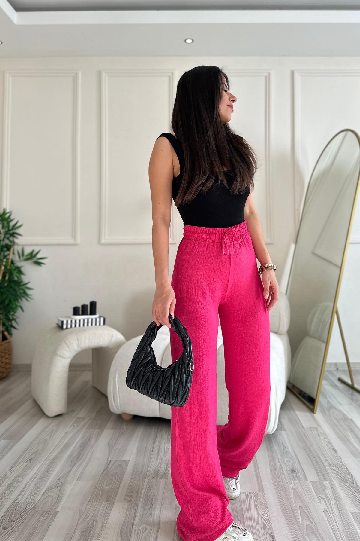 Gofre Kumaş Pembe Pantolon