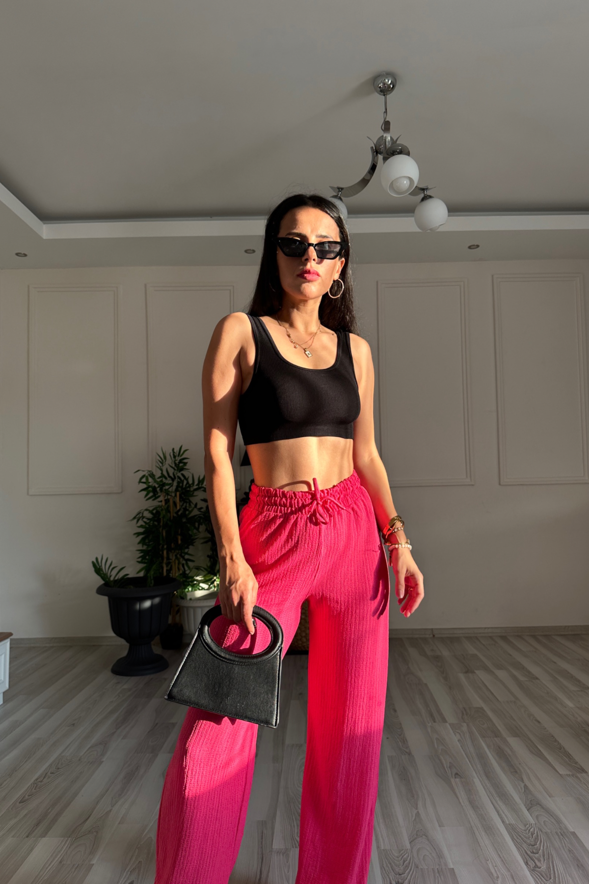 Gofre Kumaş Pembe Pantolon