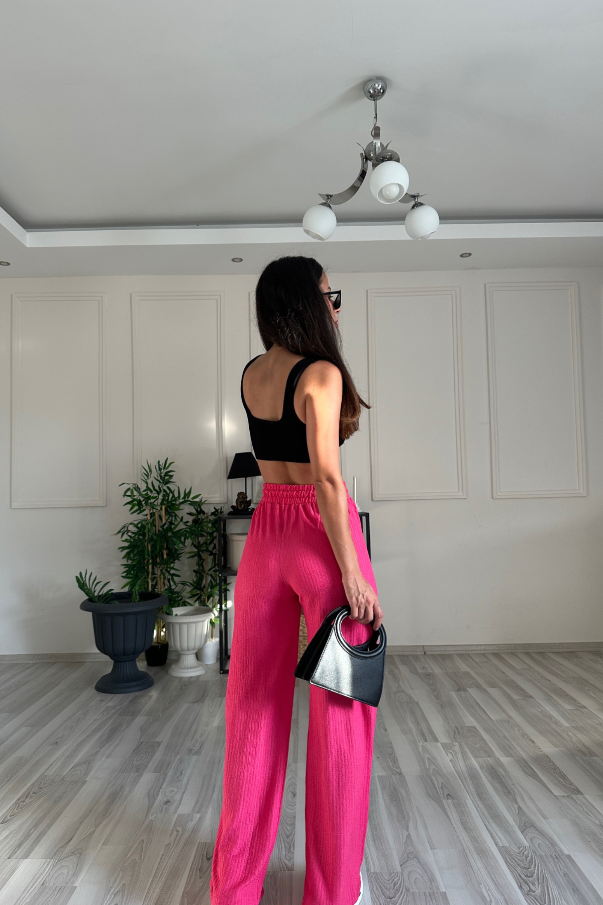 Gofre Kumaş Pembe Pantolon