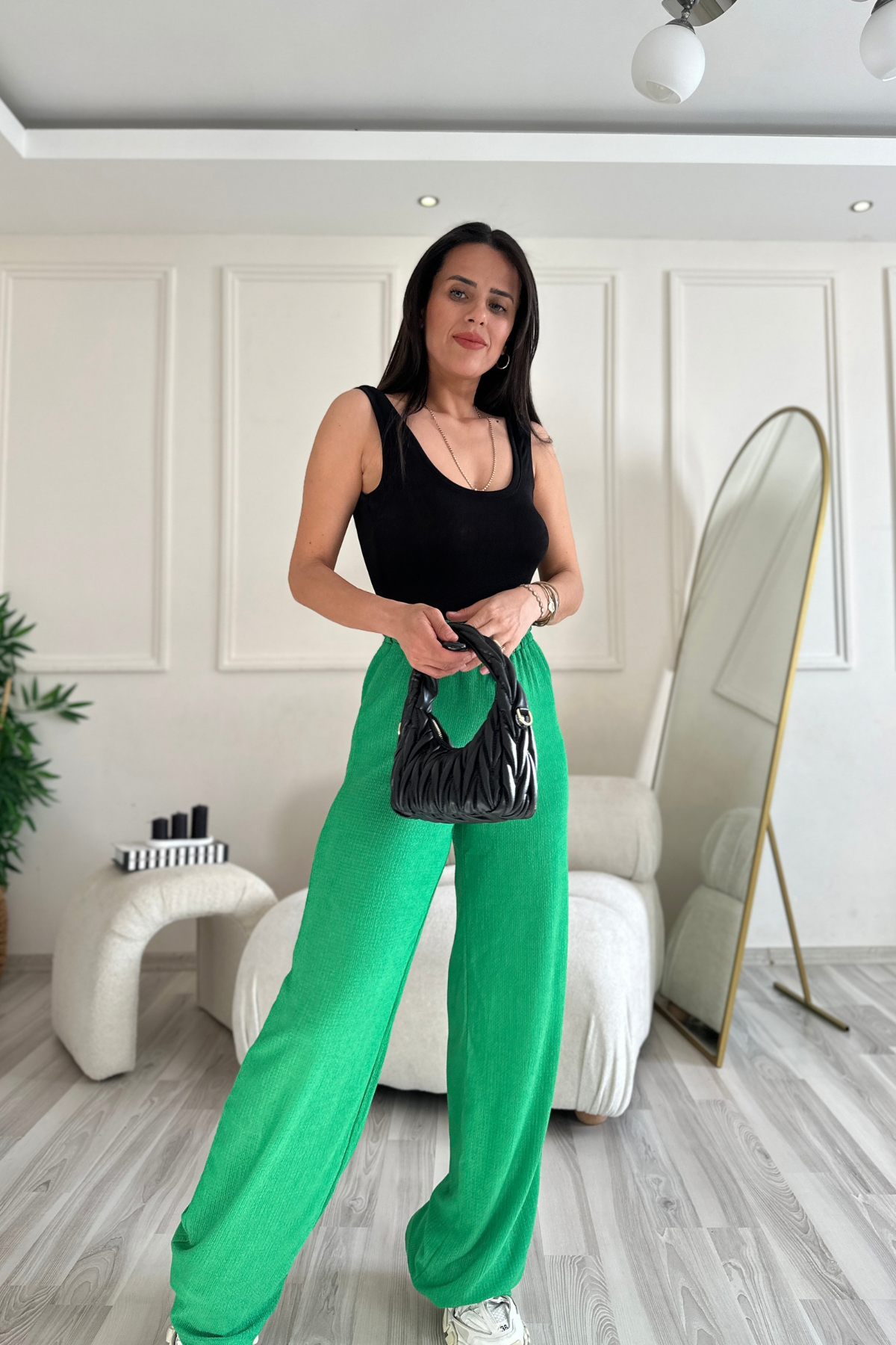 Gofre Kumaş Yeşil Pantolon