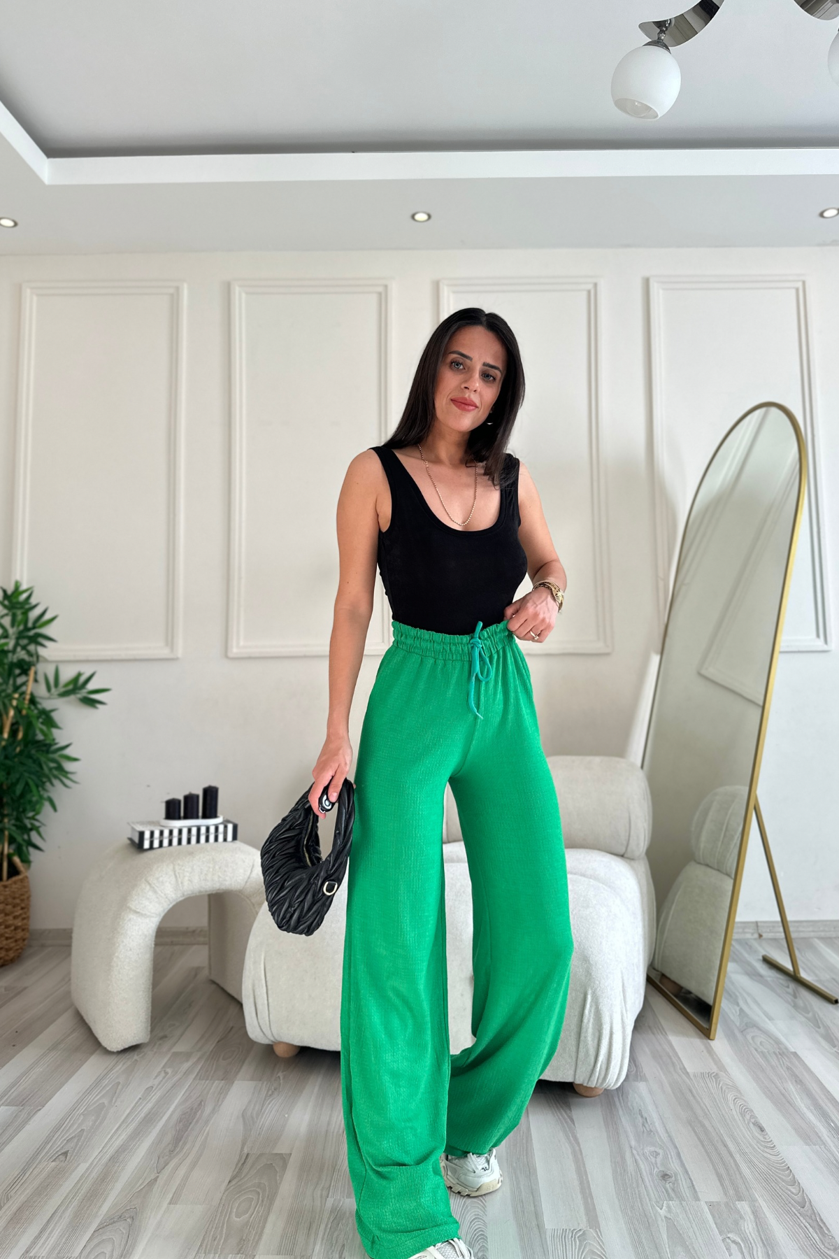 Gofre Kumaş Yeşil Pantolon