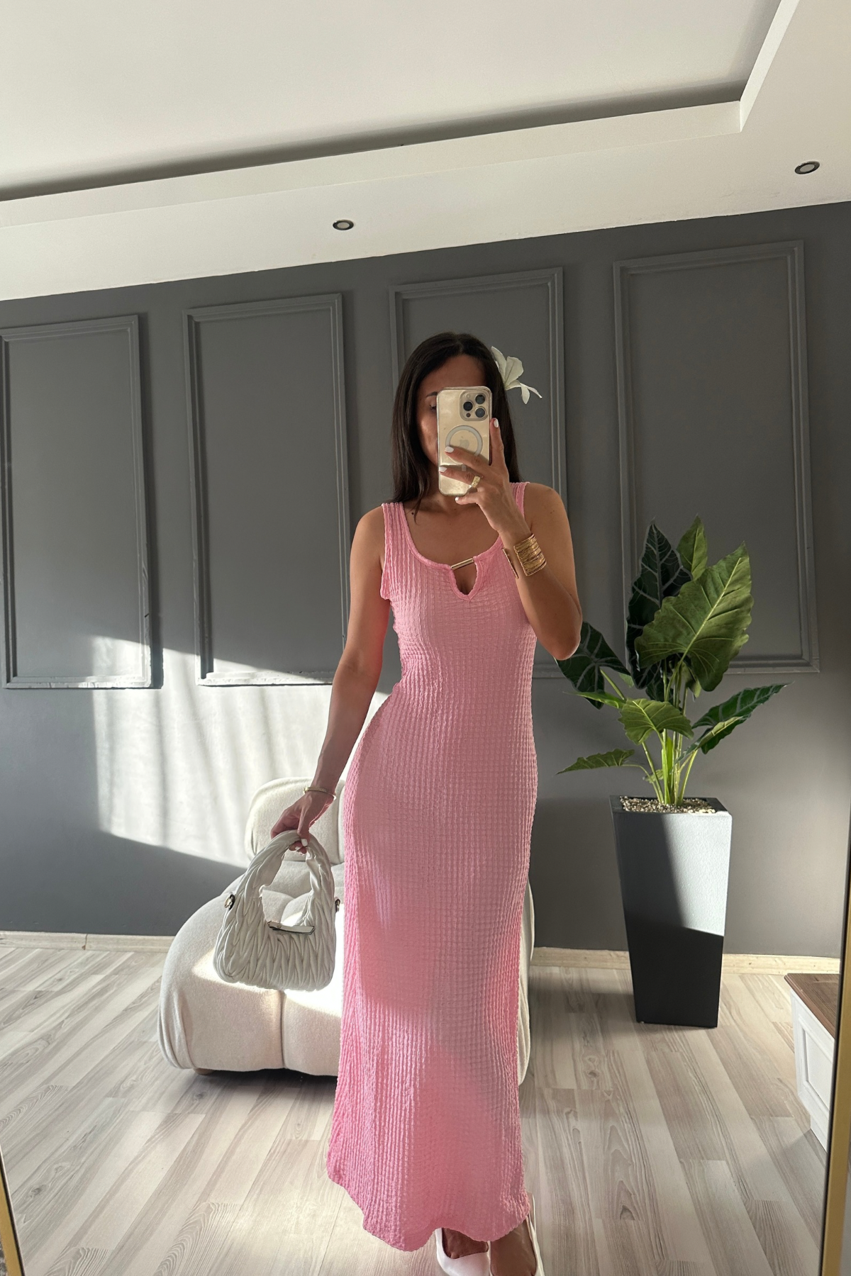 Gold Detaylı Pembe Burble Elbise