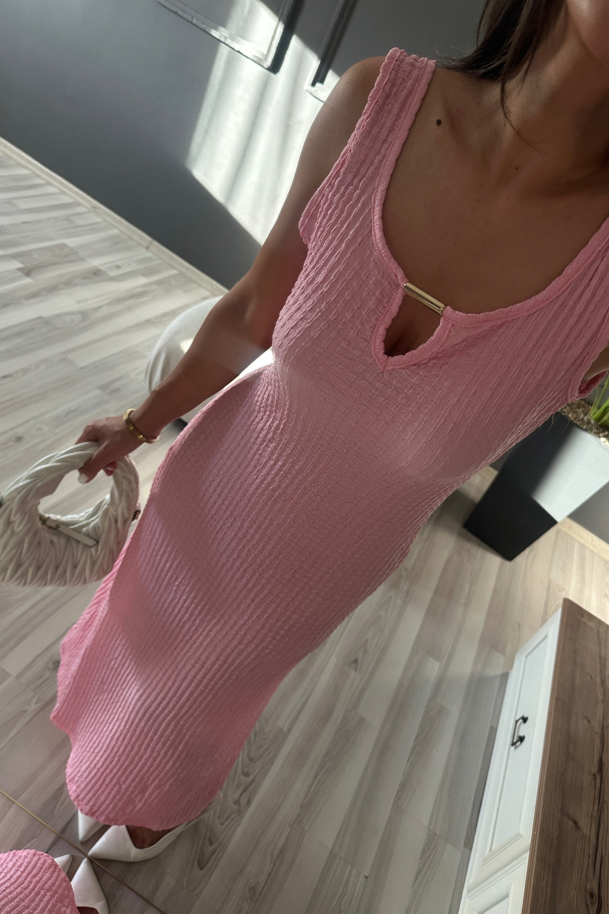 Gold Detaylı Pembe Burble Elbise