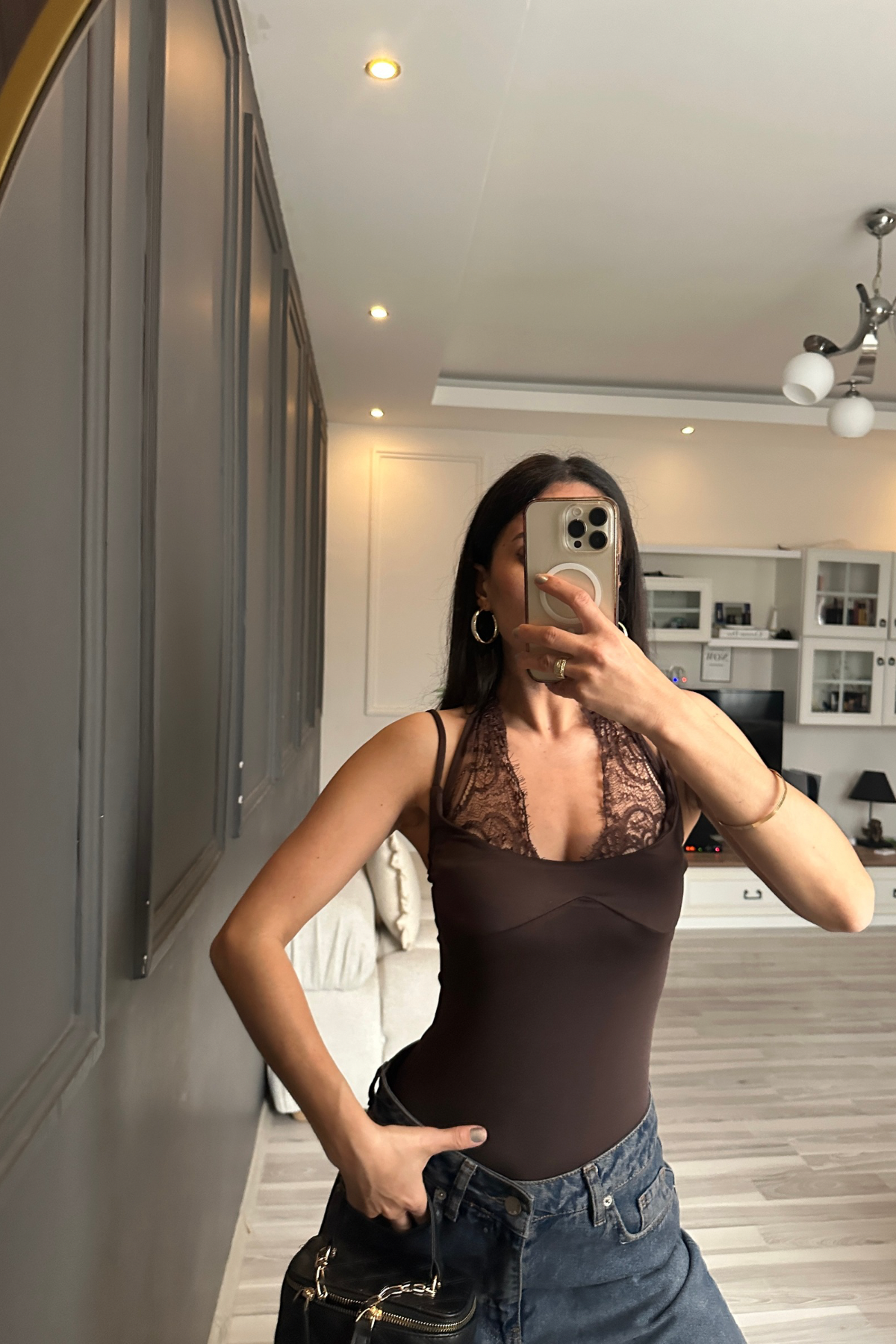 Kahve Dantel Detay Bodysuit