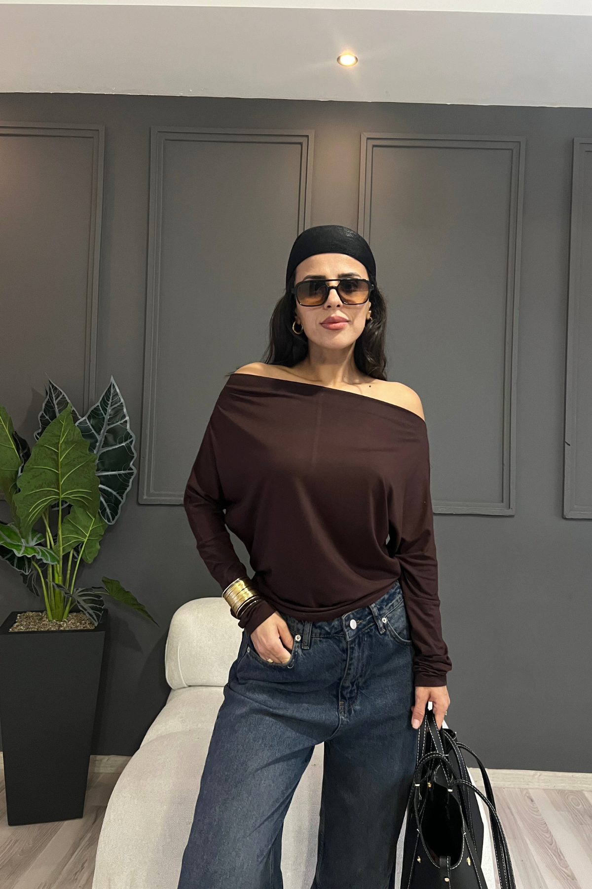 Kahve Kayık Yaka Bluz