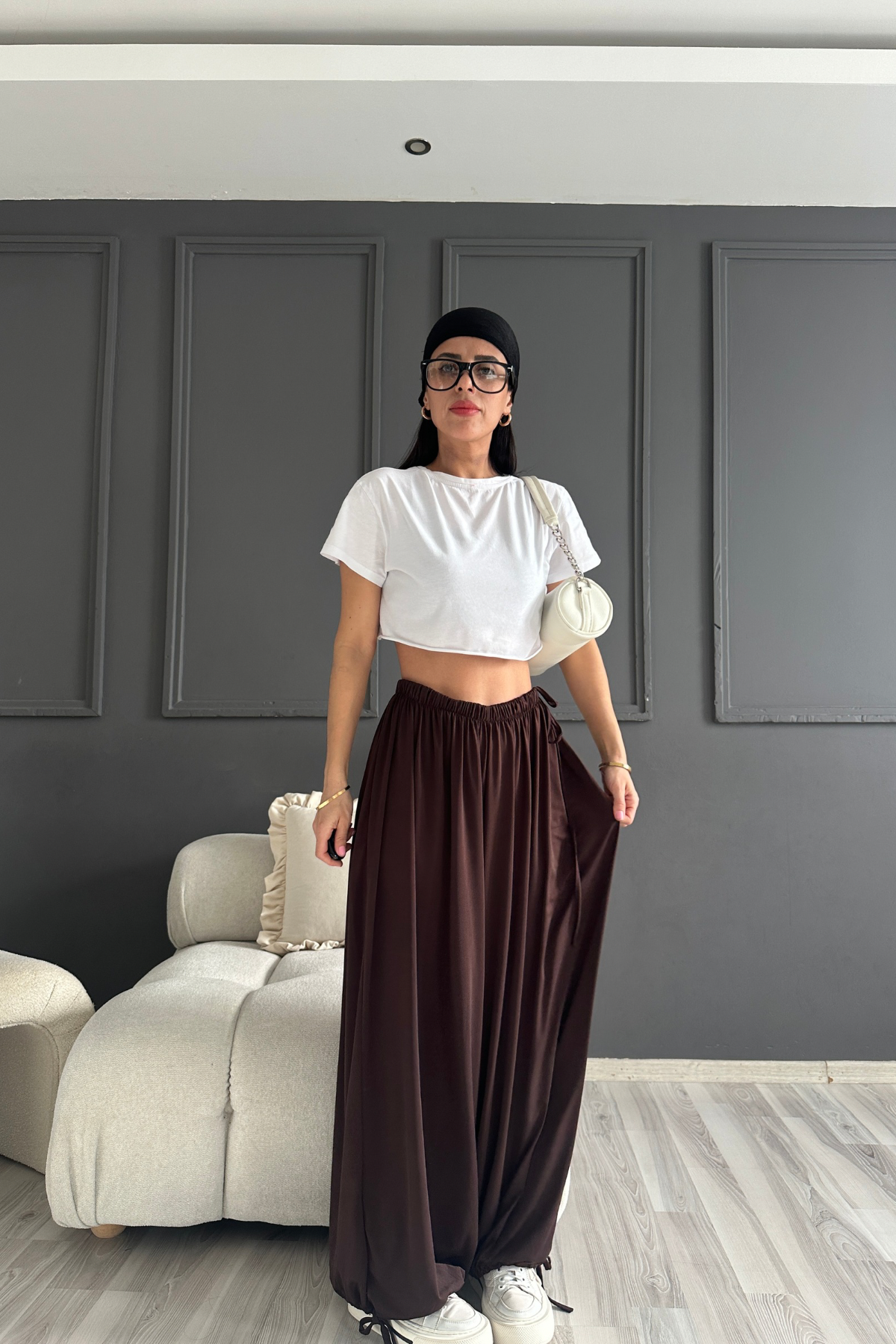 Kahve Yan Bağlamalı Paça Ayarlamalı Tiril Pantolon
