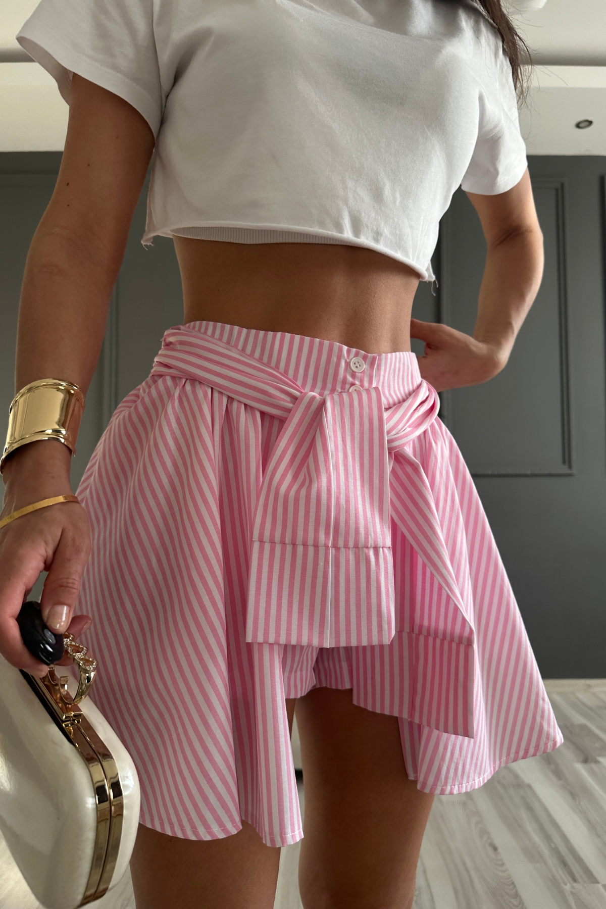 Pembe Bağlamalı Şort Etek