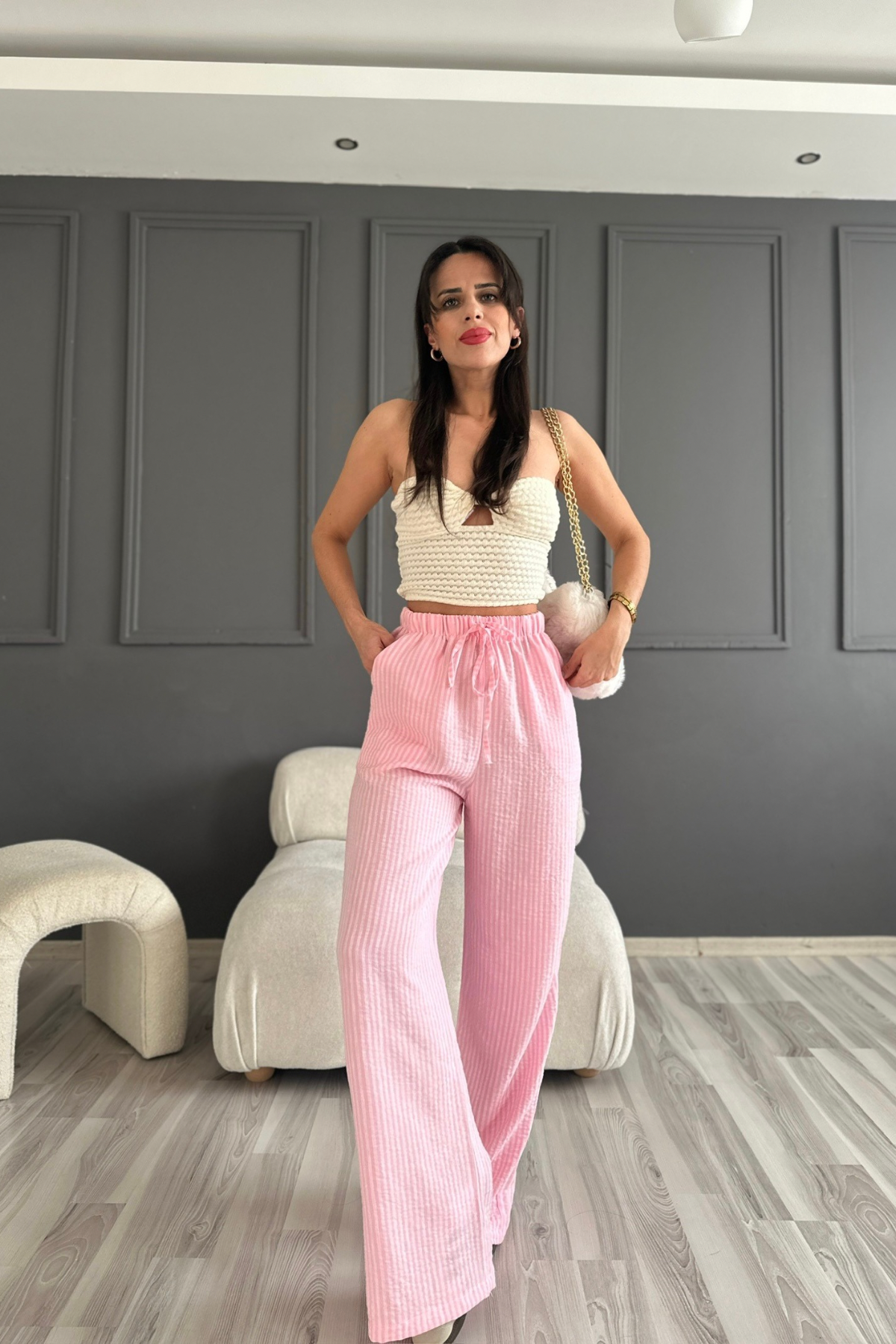 Pembe Çizgili Bol Paça Pantolon