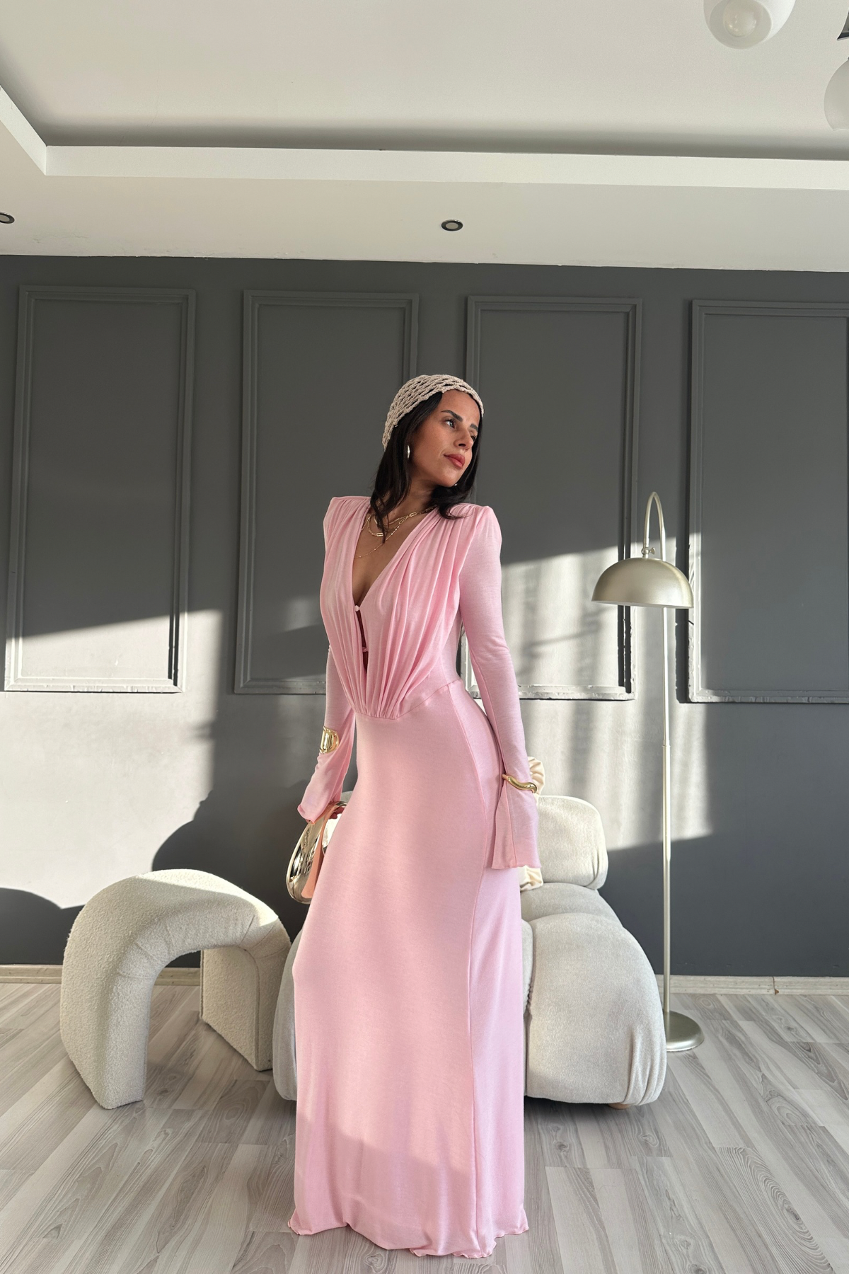 Pembe Dökümlü Düğme Detaylı Fular Parçalı Astarlı Elbise
