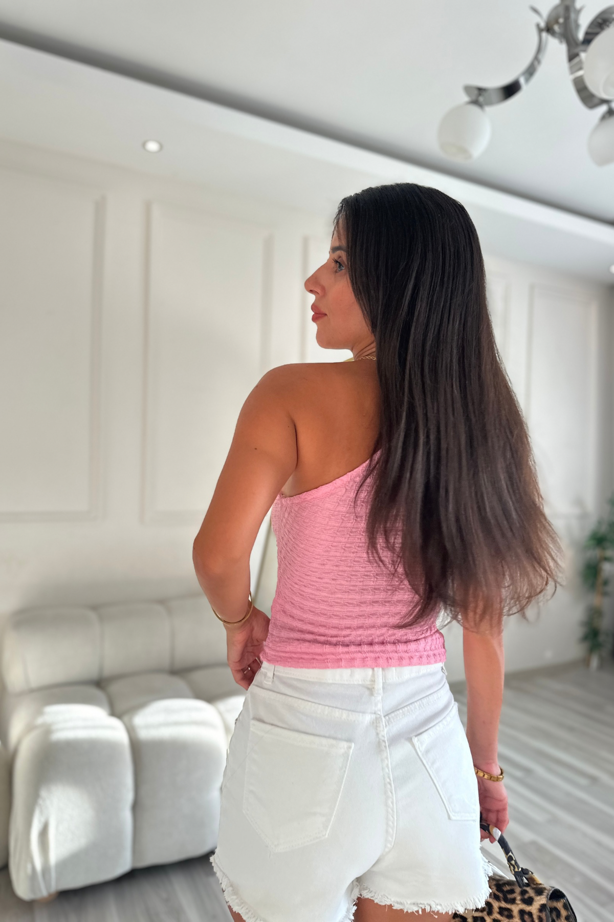 Pembe Tek Omuz Bürümcük Kumaş Ultra Esnek Bluz