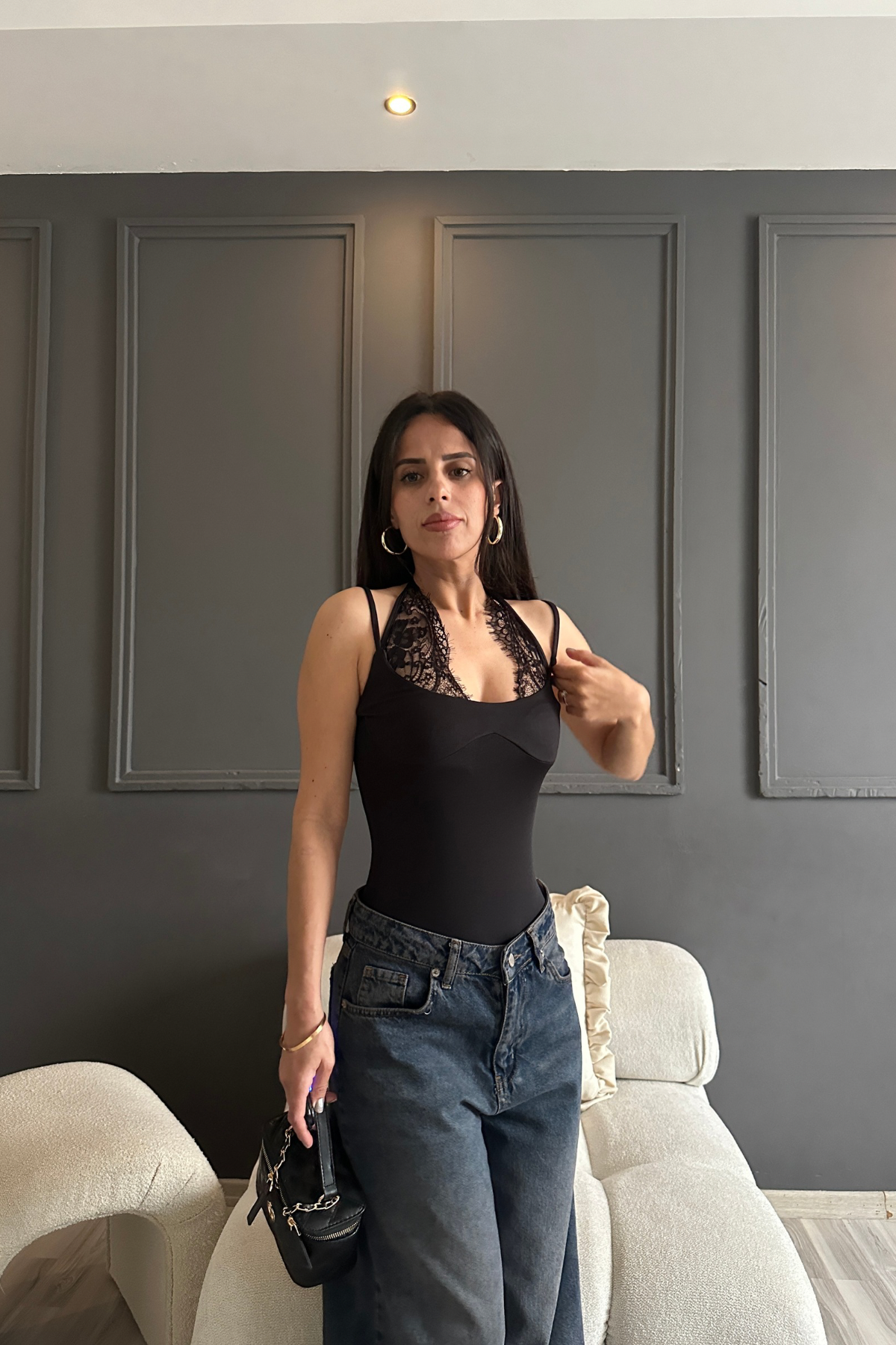 Siyah Dantel Detay Bodysuit